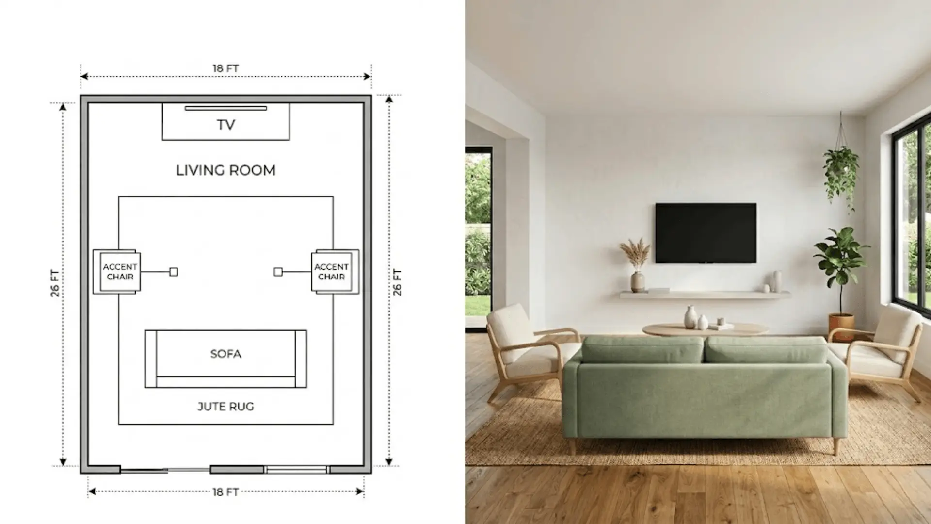 symmetrical sofa facing tv layout in a rectangular living room with matching accent chairs