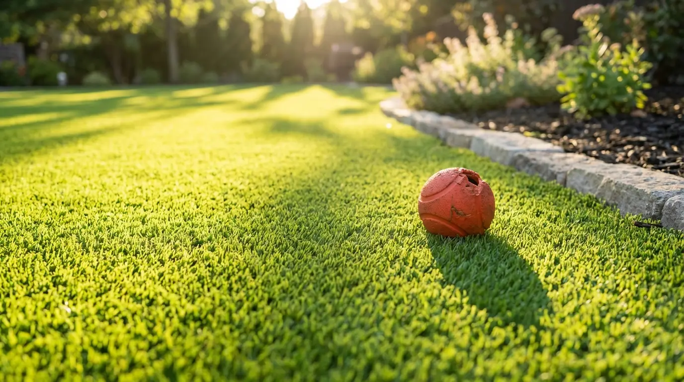 Worn red ball on green artificial turf lawn in sunny backyard garden