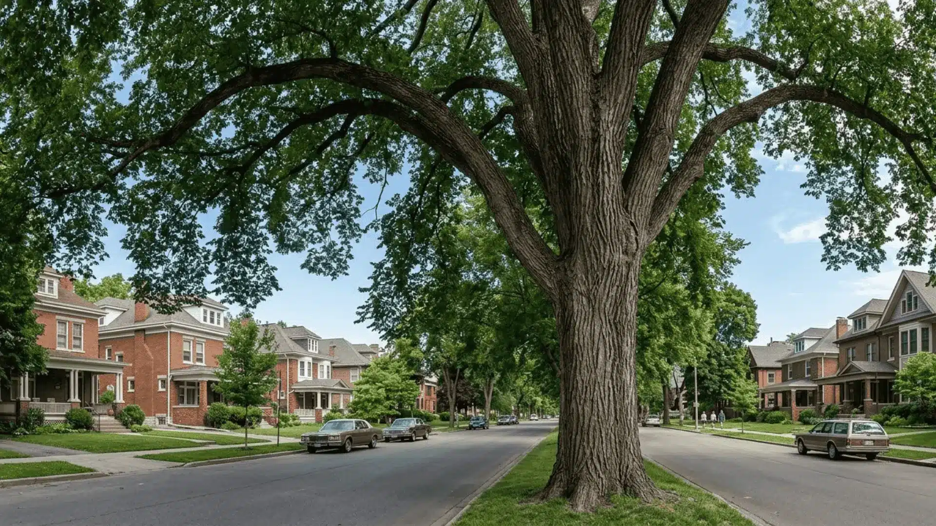 tall american elm tree with vase-shaped canopy arching over a historic tree-lined street in summer