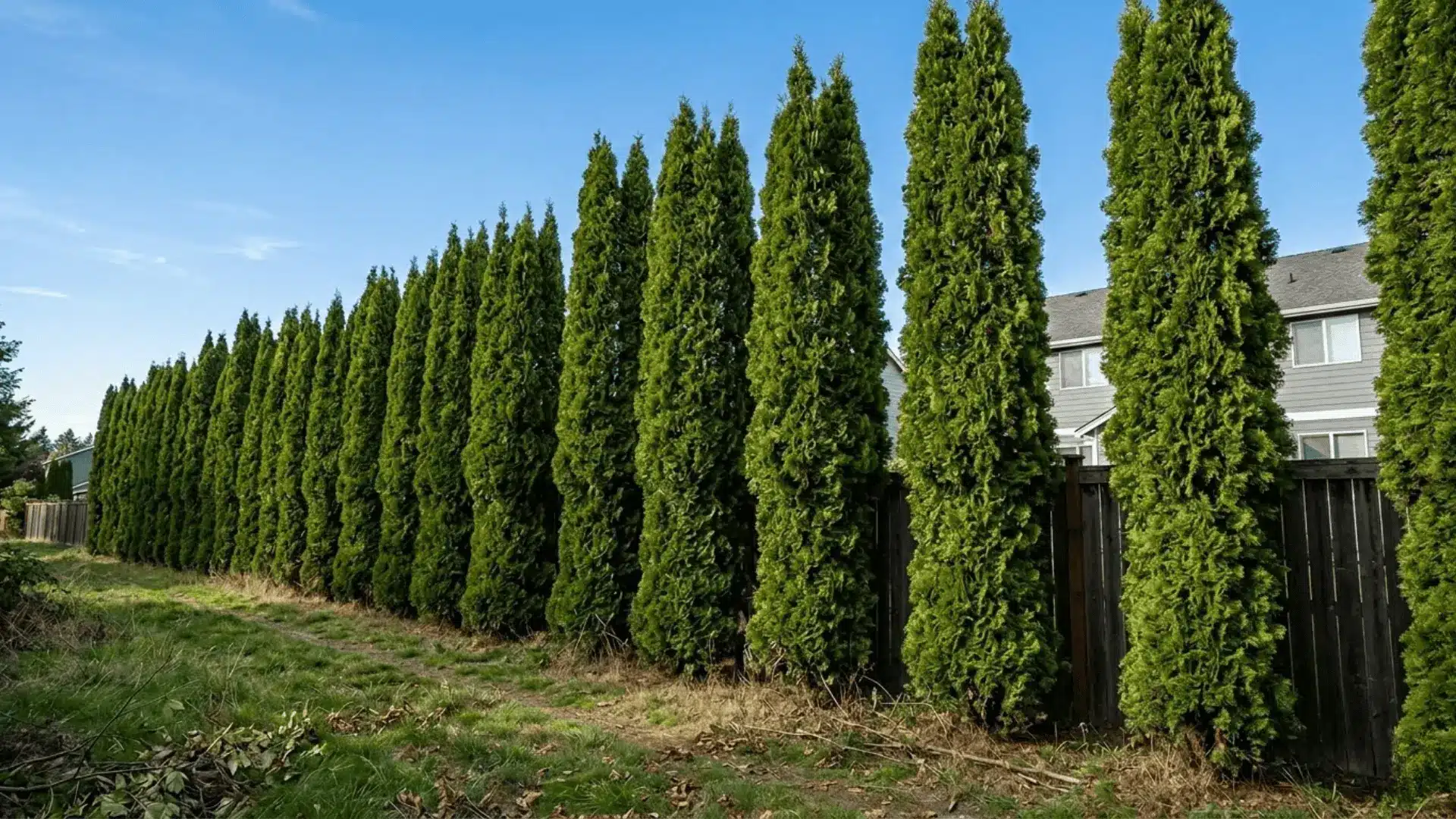 tall arborvitae privacy hedge growing along a residential fence line in afternoon sunlight
