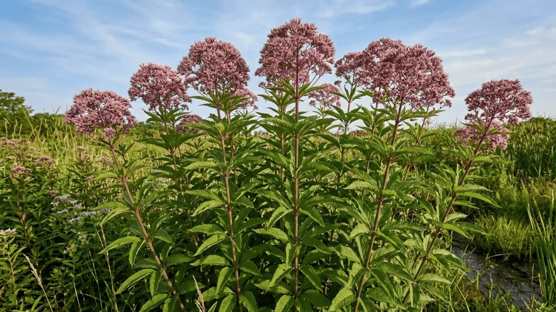 tall joe-pye weed with large mauve-pink flower clusters photographed from a low angle in a late summer garden