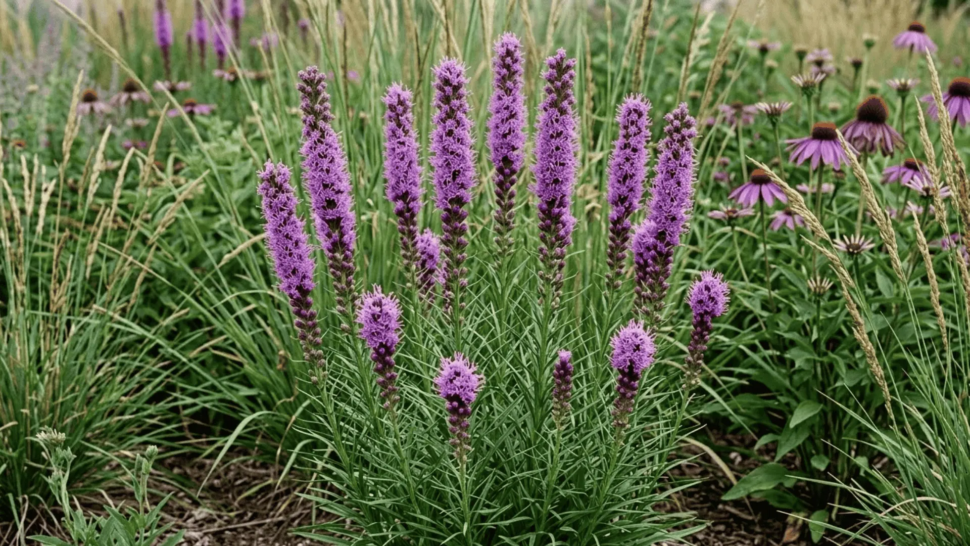 tall purple blazing star spikes in full bloom in a naturalistic prairie garden photographed in open daylight