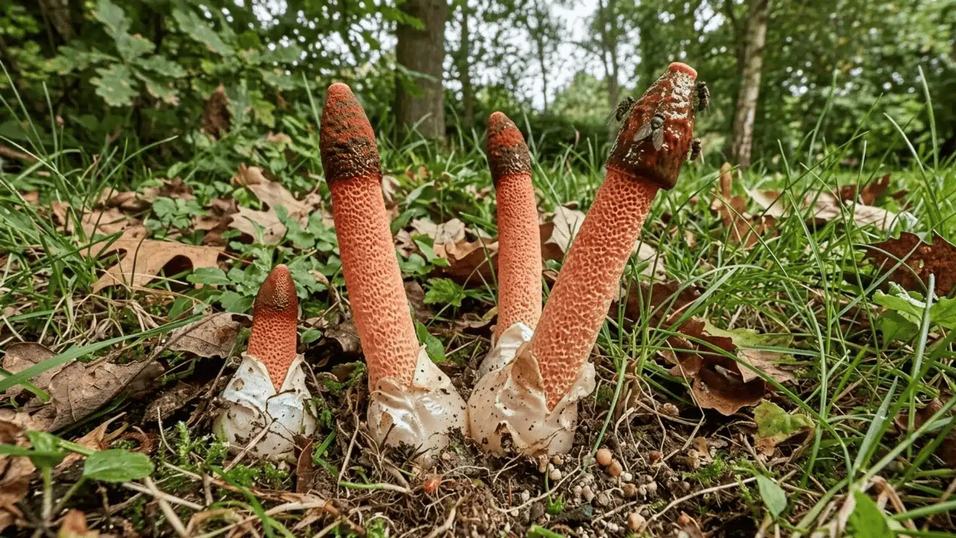 tall reddish stinkhorn mushrooms emerging from white egg-like base structures in a garden lawn