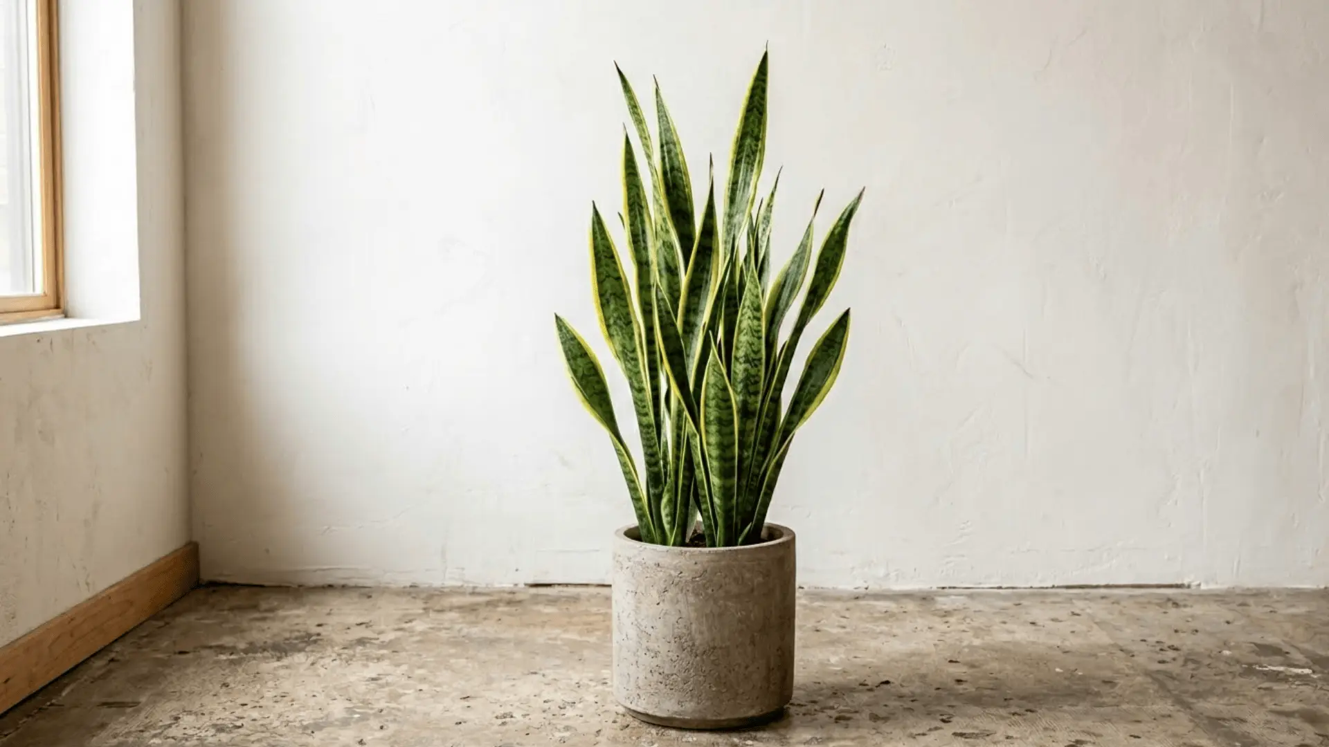 tall snake plant with banded green leaves in a stone-colored pot on a concrete floor