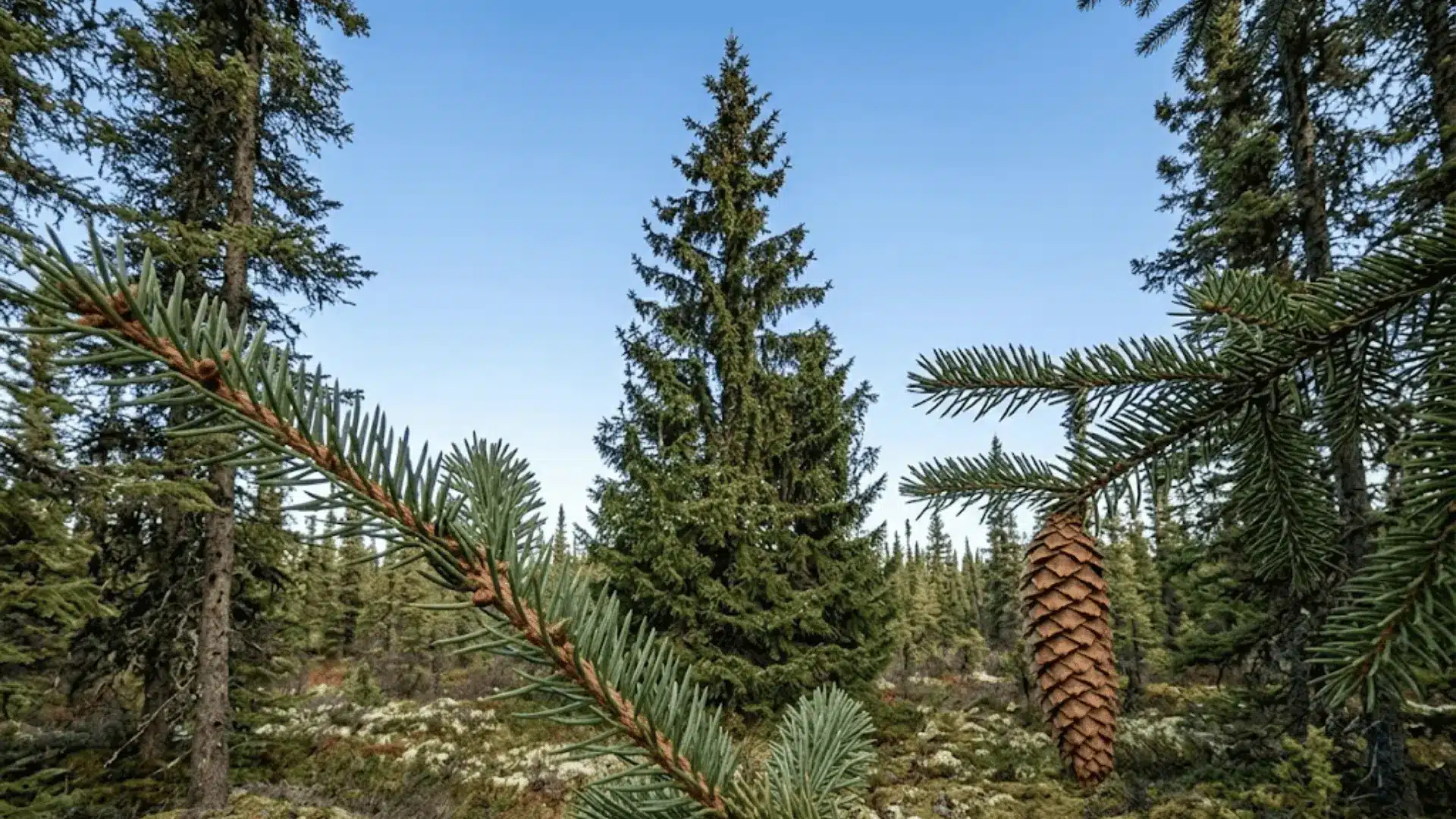 tall spruce tree in boreal forest with short pegged needles and hanging cone in cold northern light