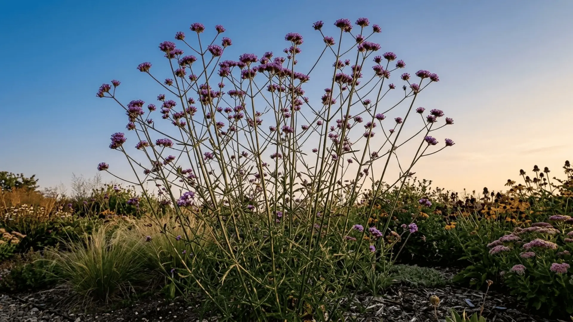 tall verbena bonariensis with tiny purple clusters on thin branching stems photographed against a clear afternoon sky