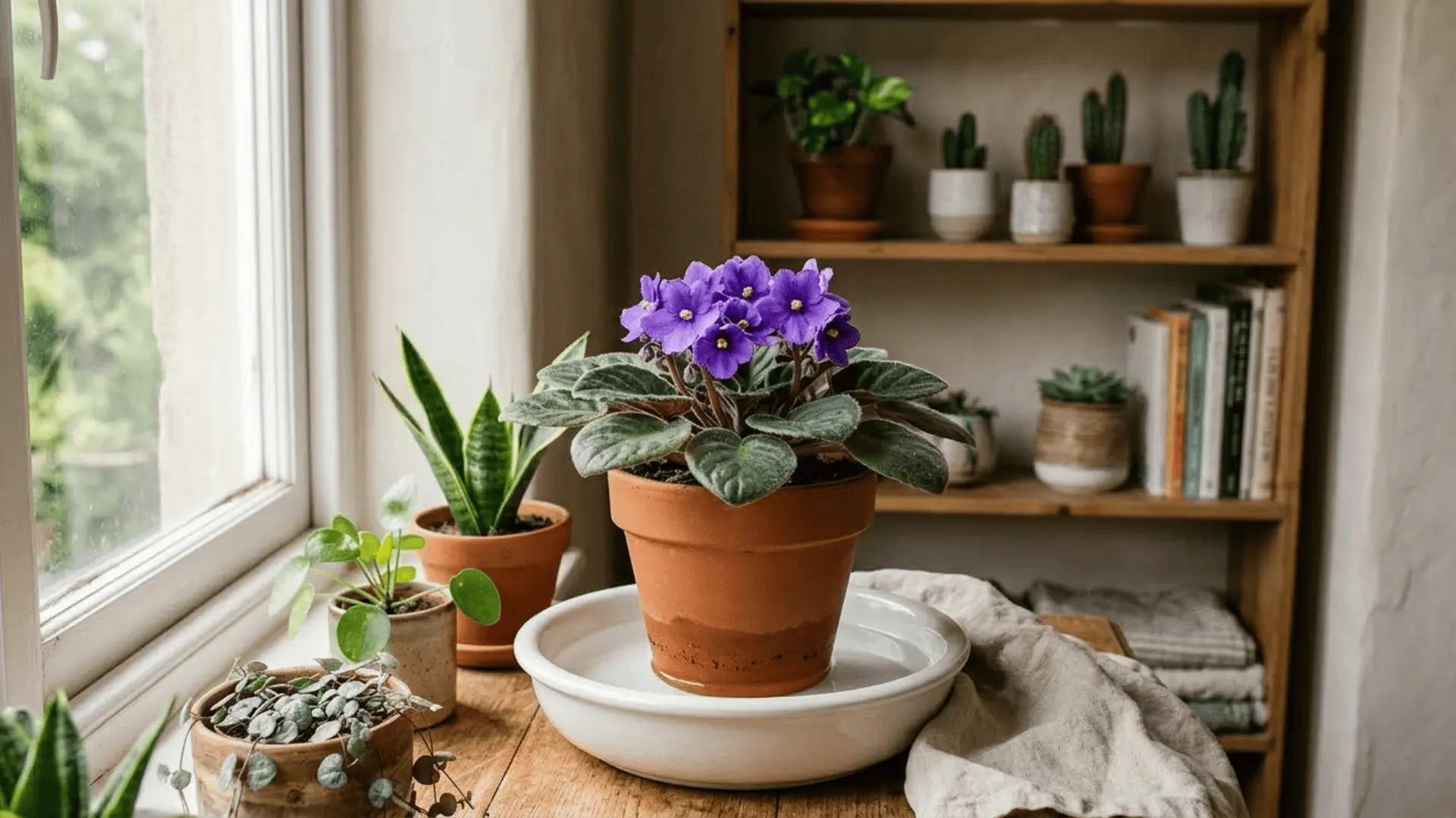 terracotta pot with african violet sitting in a shallow water basin for bottom watering