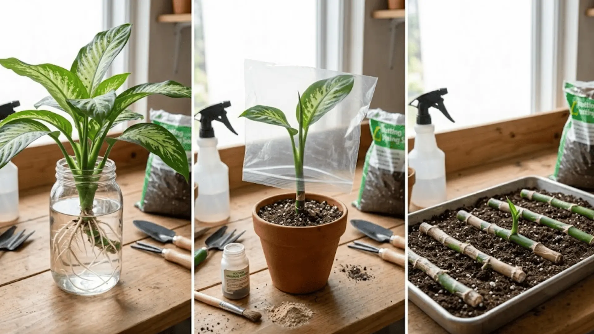 three-panel image showing dumb cane propagation in water, soil, and horizontal cane cutting method on a workbench