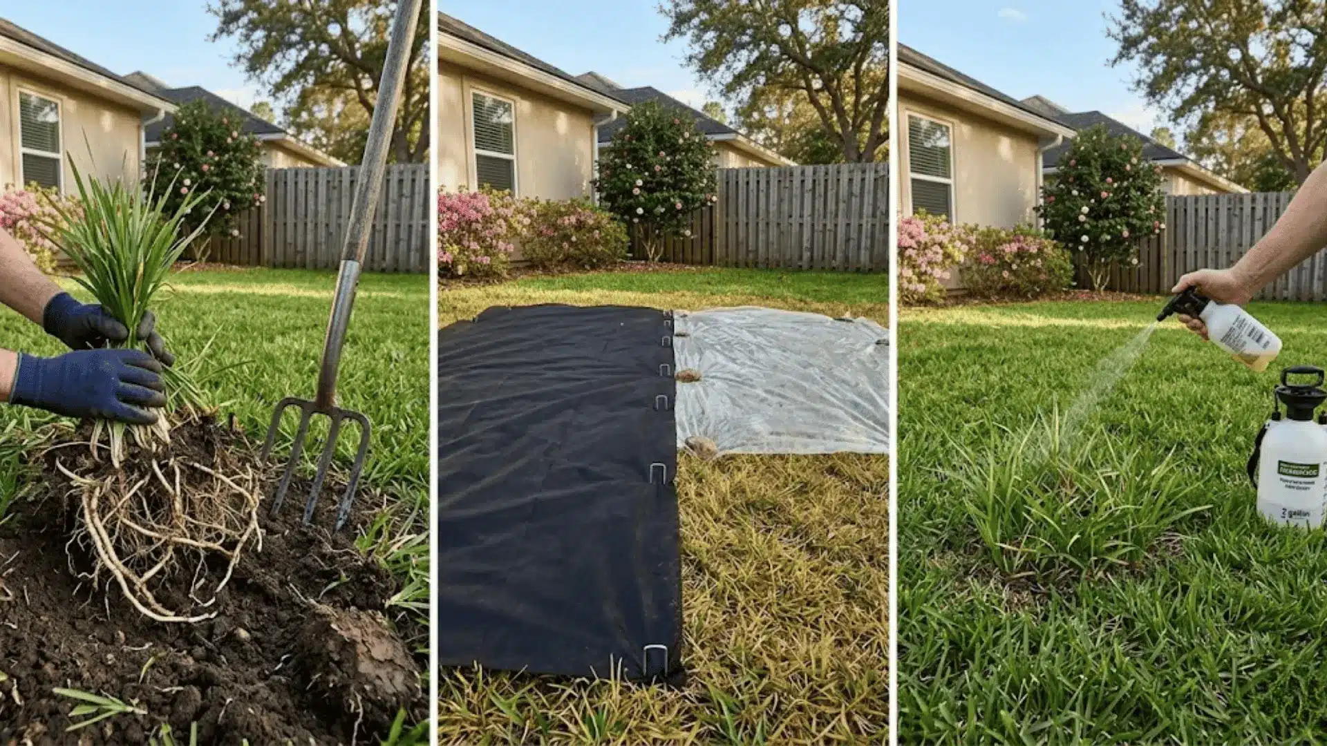 three-panel image showing torpedo grass removal by hand digging, smothering with fabric, and herbicide spot treatment
