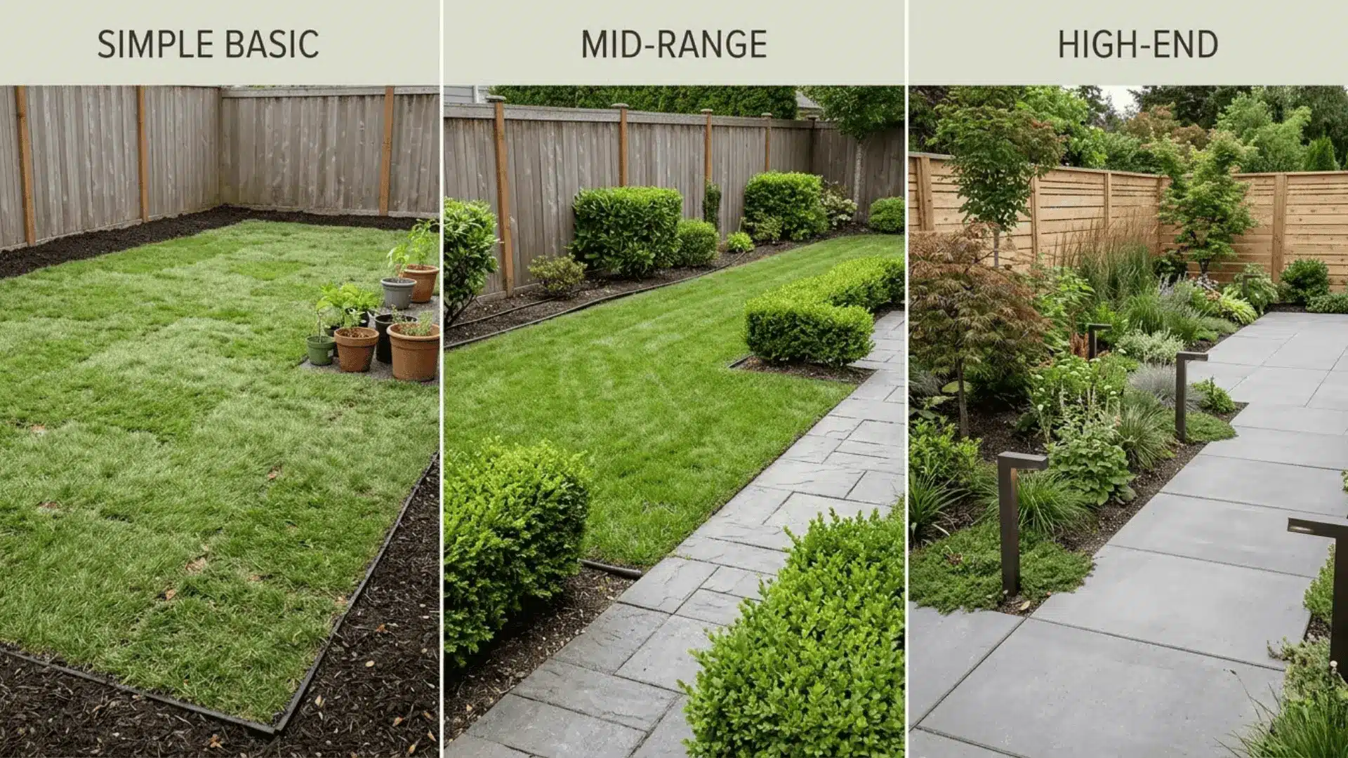 three residential yards showing basic, mid-range, and high-end landscaping styles in natural daylight