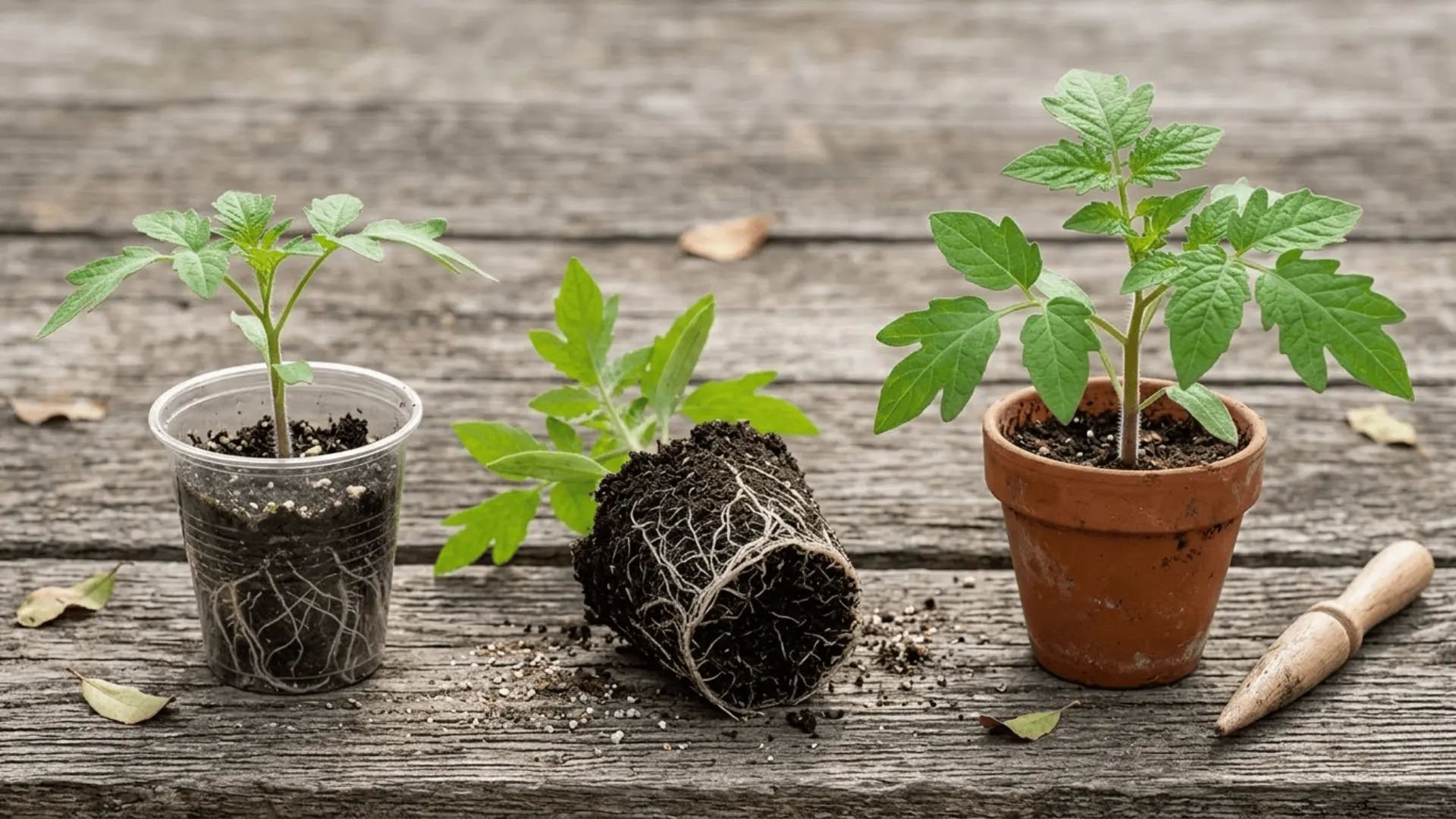 three seedlings showing true leaves, healthy roots, and sturdy stems at different growth stages on a wooden surface