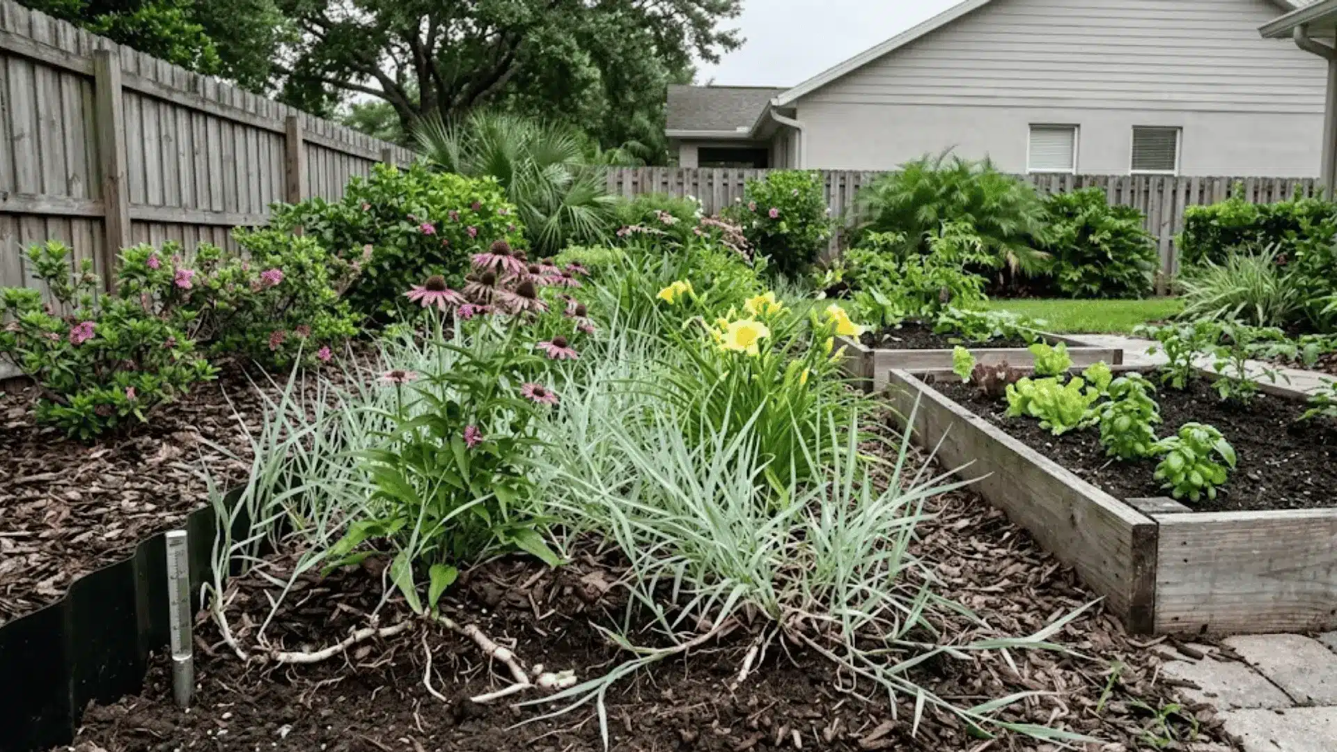 torpedo grass invading a garden bed with rhizome barrier edging installed and mulch layer visible beside a clean raised bed