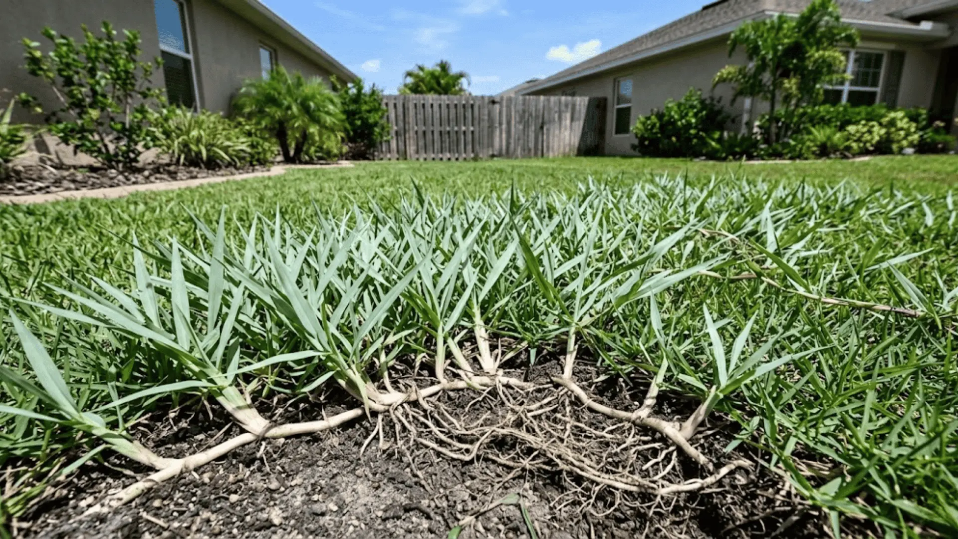 torpedo grass invading a residential lawn with exposed rhizomes visible at the soil line in natural midday sunlight