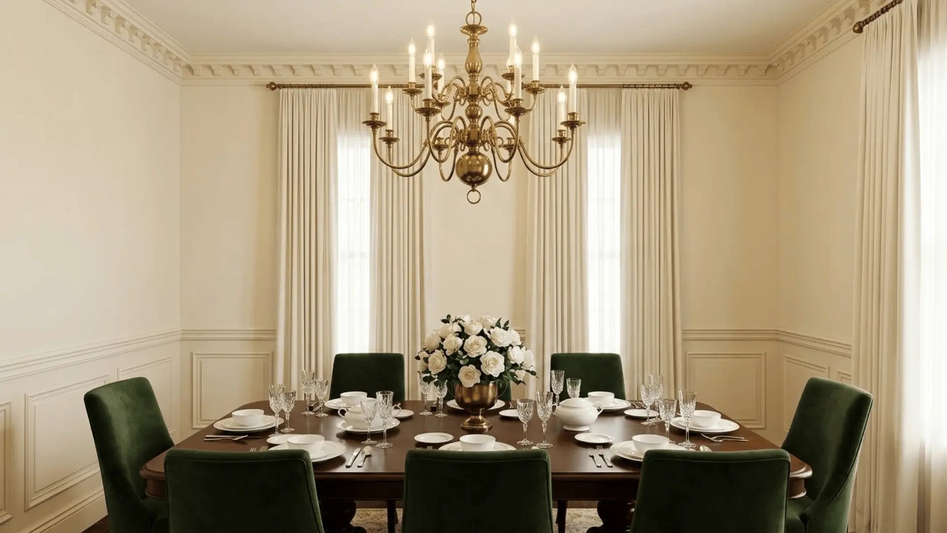traditional dining room with creamy white walls, mahogany table, green velvet chairs, and brass chandelier