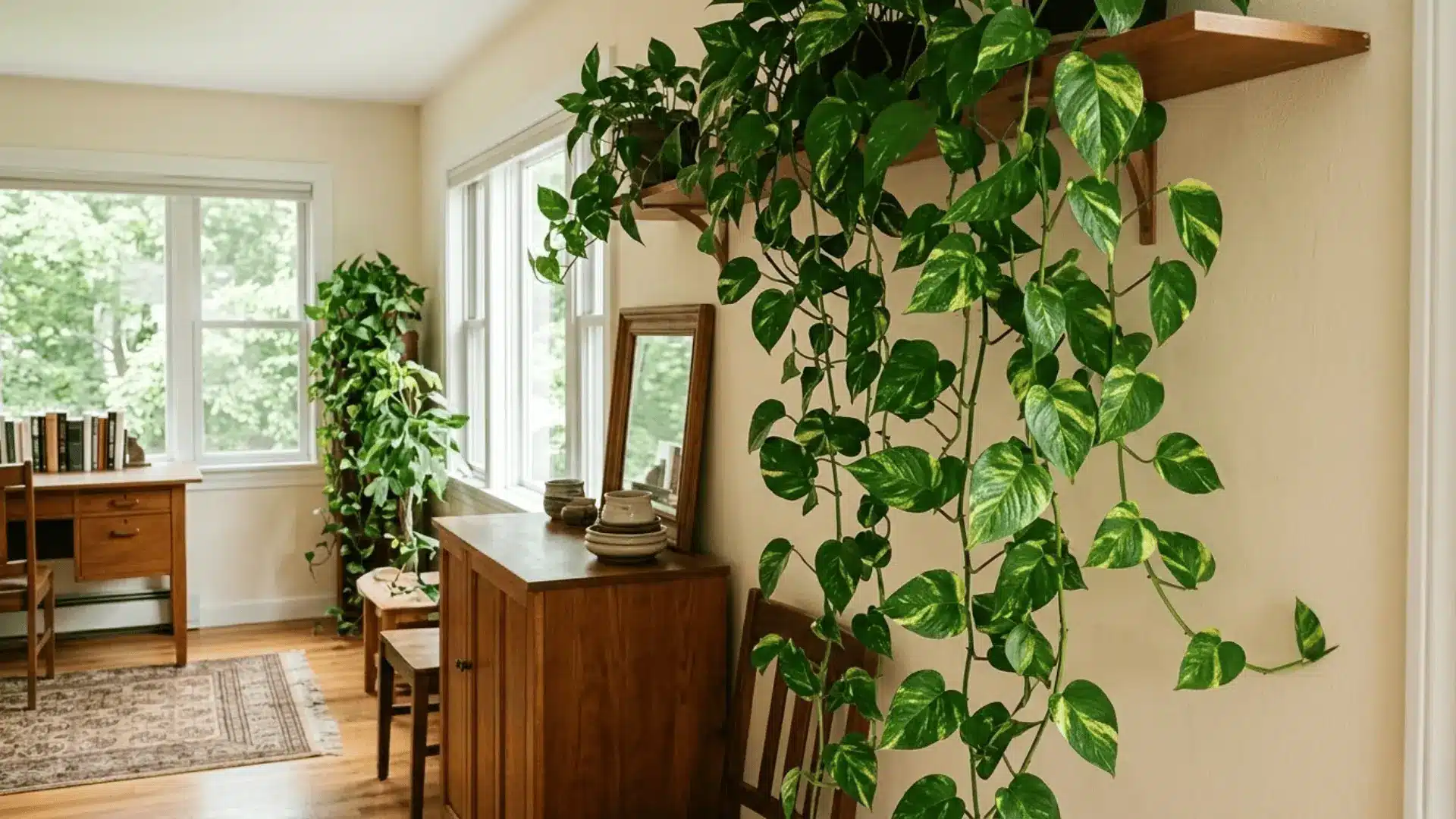 trailing golden pothos vines cascading from a wooden shelf in a naturally lit indoor room