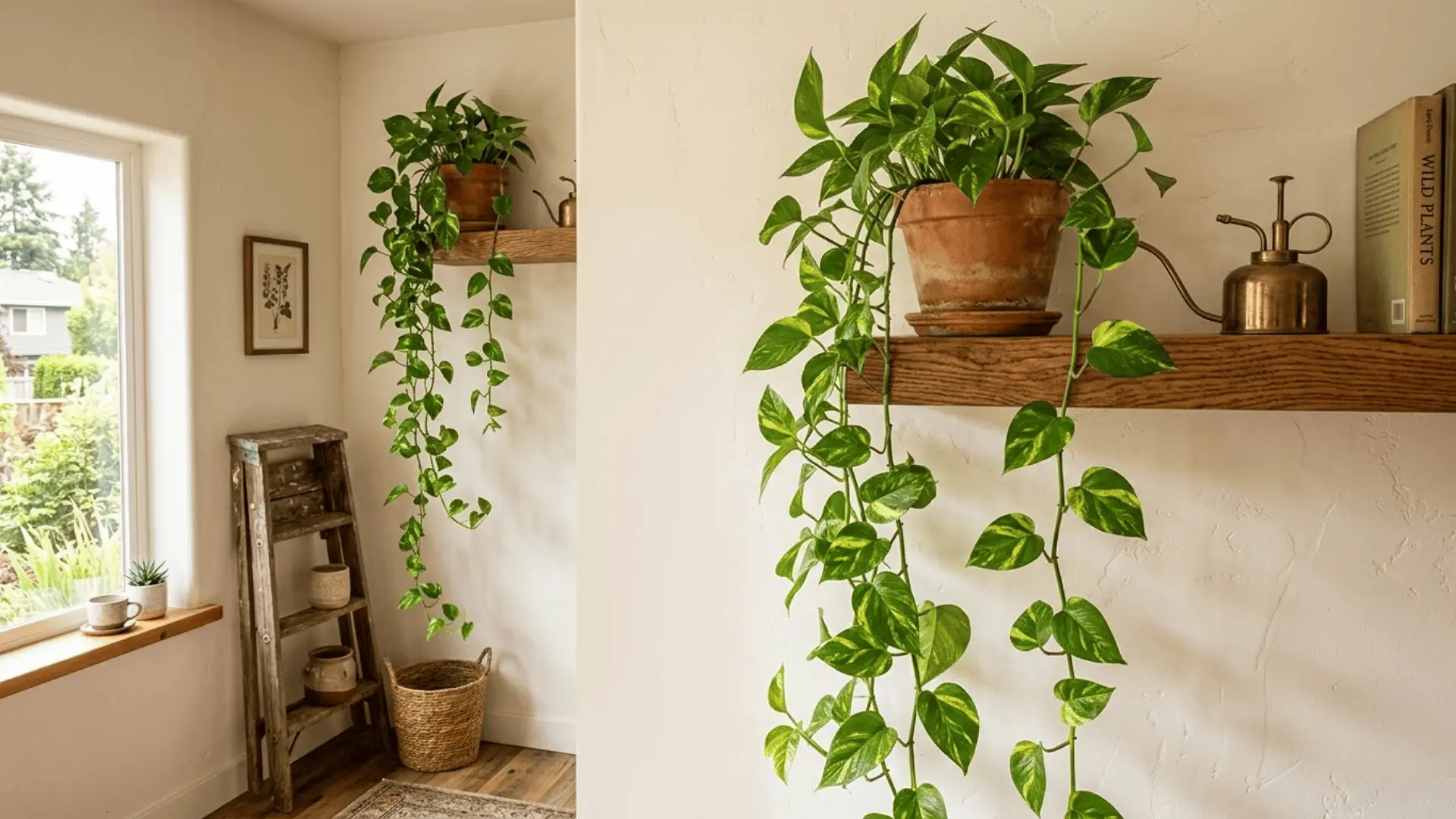 trailing pothos with variegated leaves cascading from a terracotta pot on a high wooden shelf