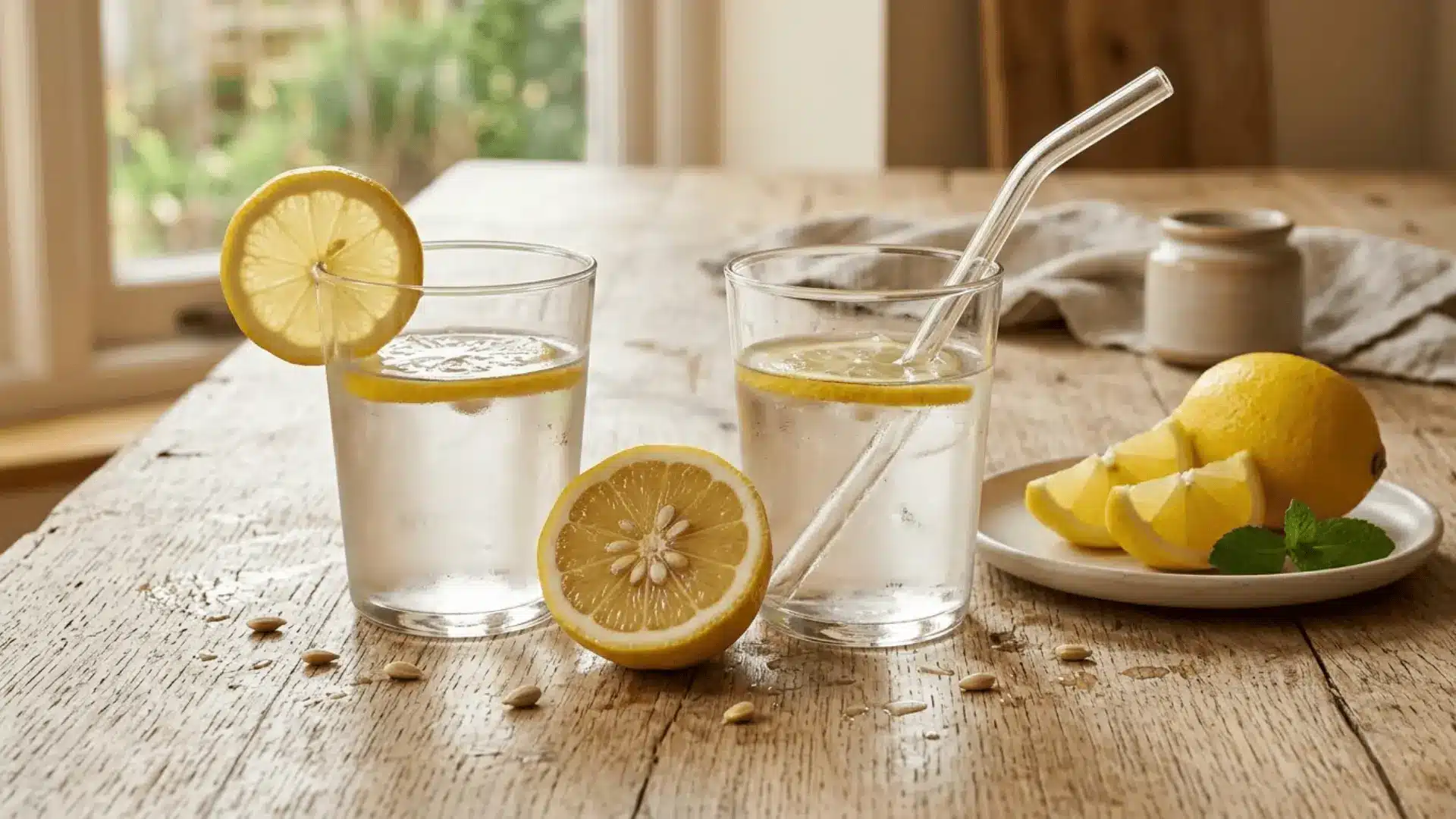 two glass tumblers of lemon water with a straw and fresh lemon slices on a wooden table in warm daylight