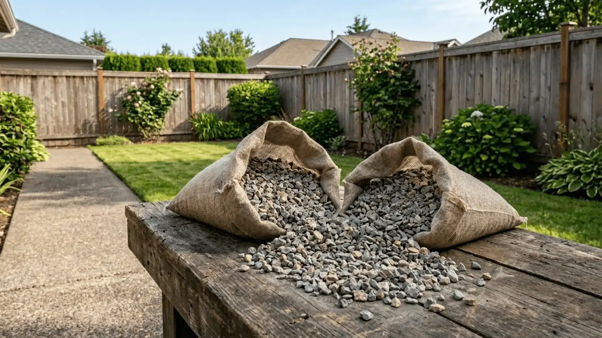 two open gravel bags spilling crushed stone on an outdoor wooden workbench with a backyard in the background