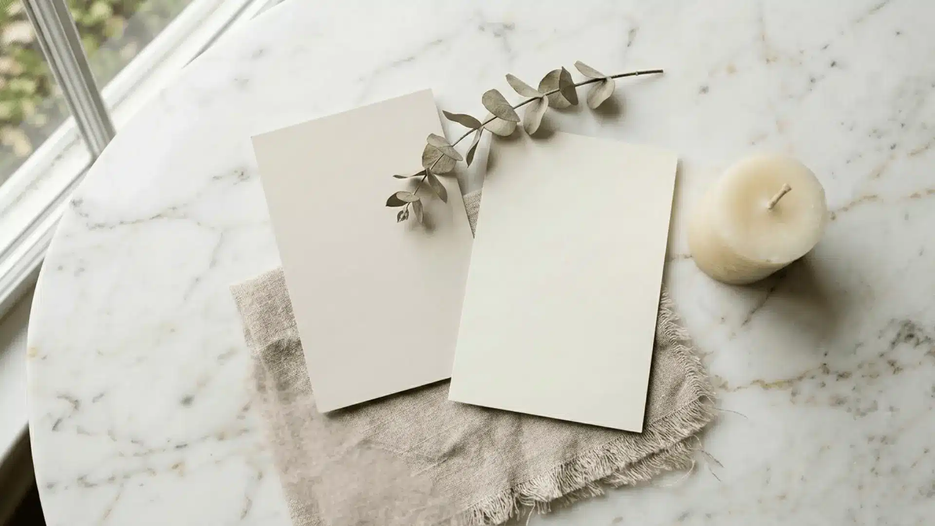 two warm white paint swatches styled with dried eucalyptus, ivory candle, and linen on a white marble flat lay