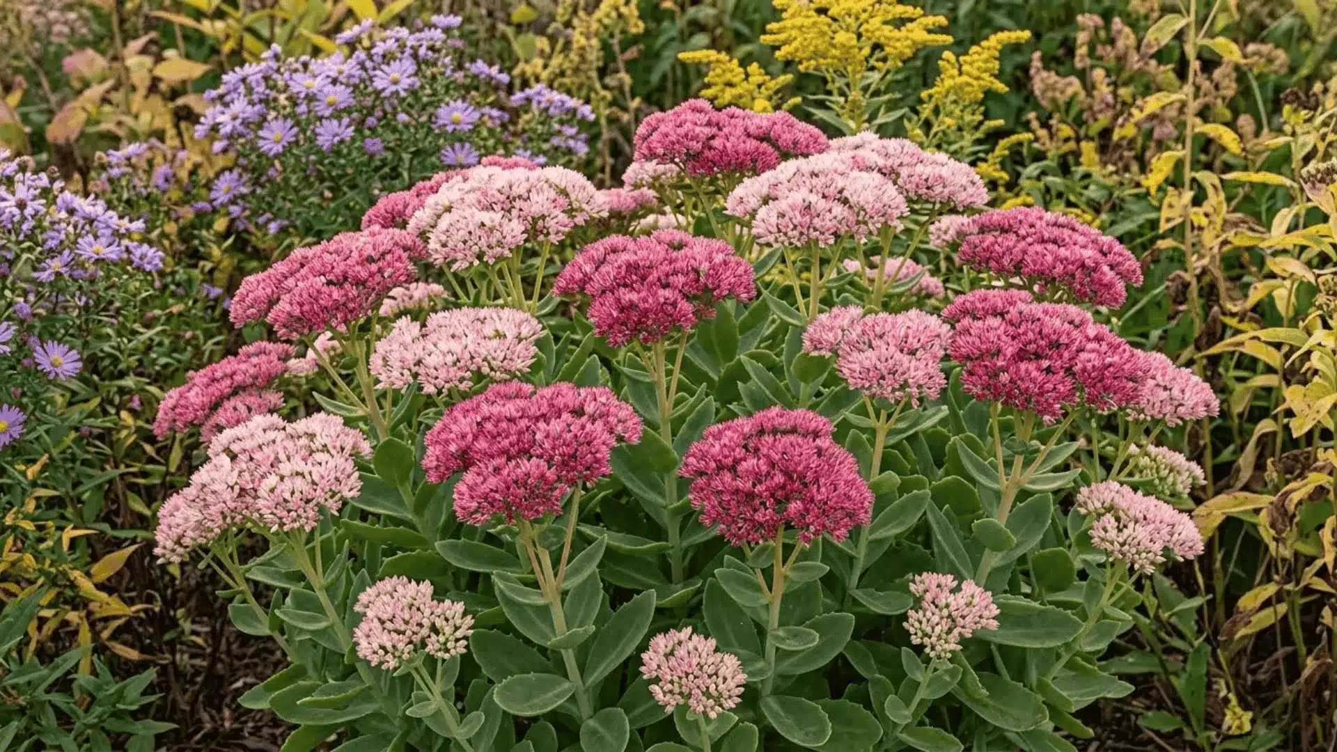 upright sedum with broad flat flower heads transitioning from pale pink to deep rose in an autumn garden border