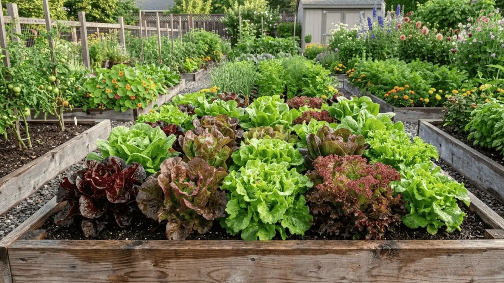 variety of colorful lettuce heads growing in a wooden raised garden bed in morning light