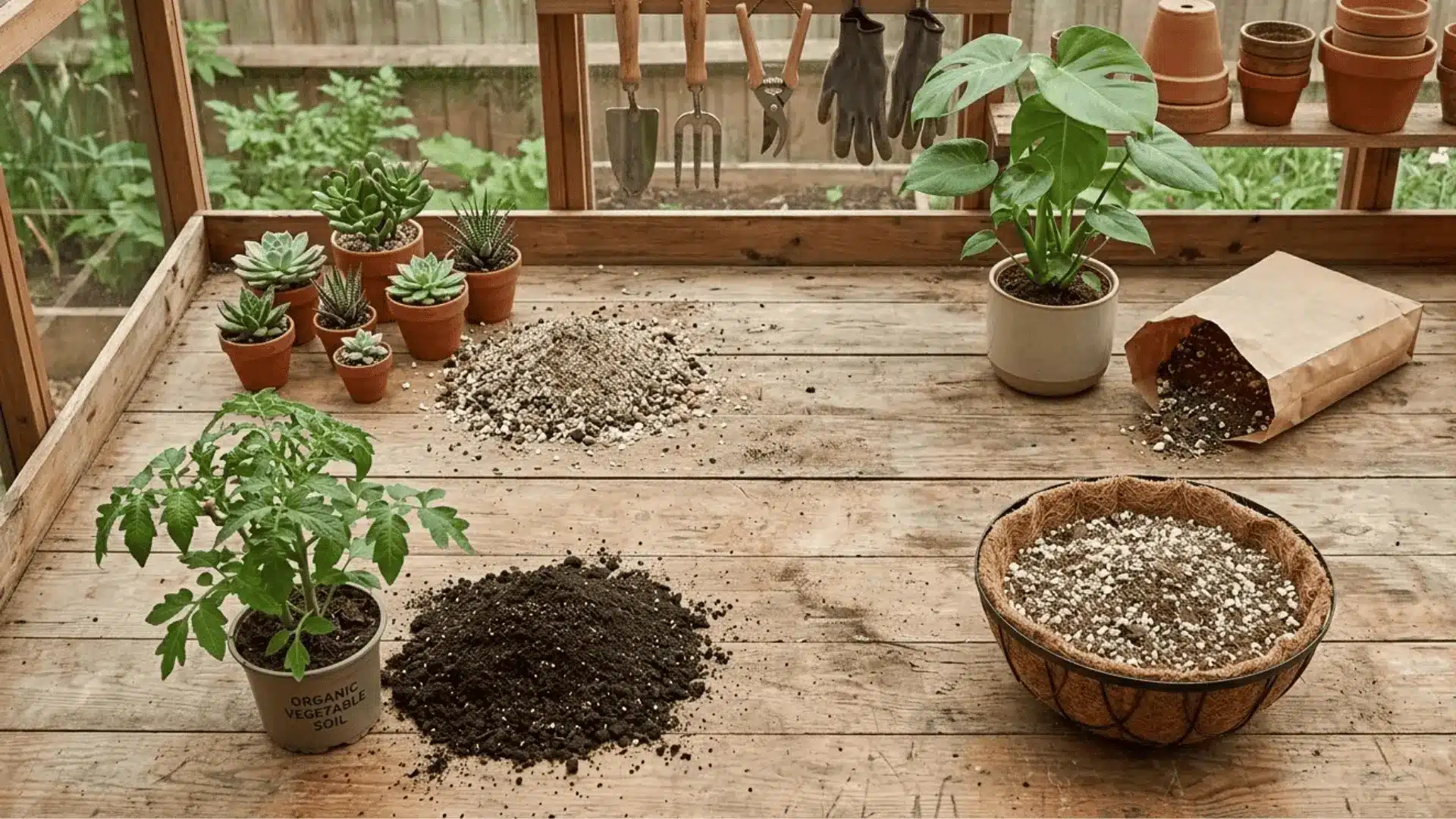 various container plants with potting soil and potting mix on a wooden bench showing choices based on plant type (1)