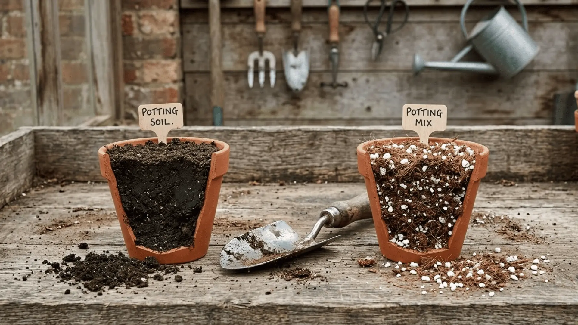 various container plants with potting soil and potting mix on a wooden bench showing choices based on plant type