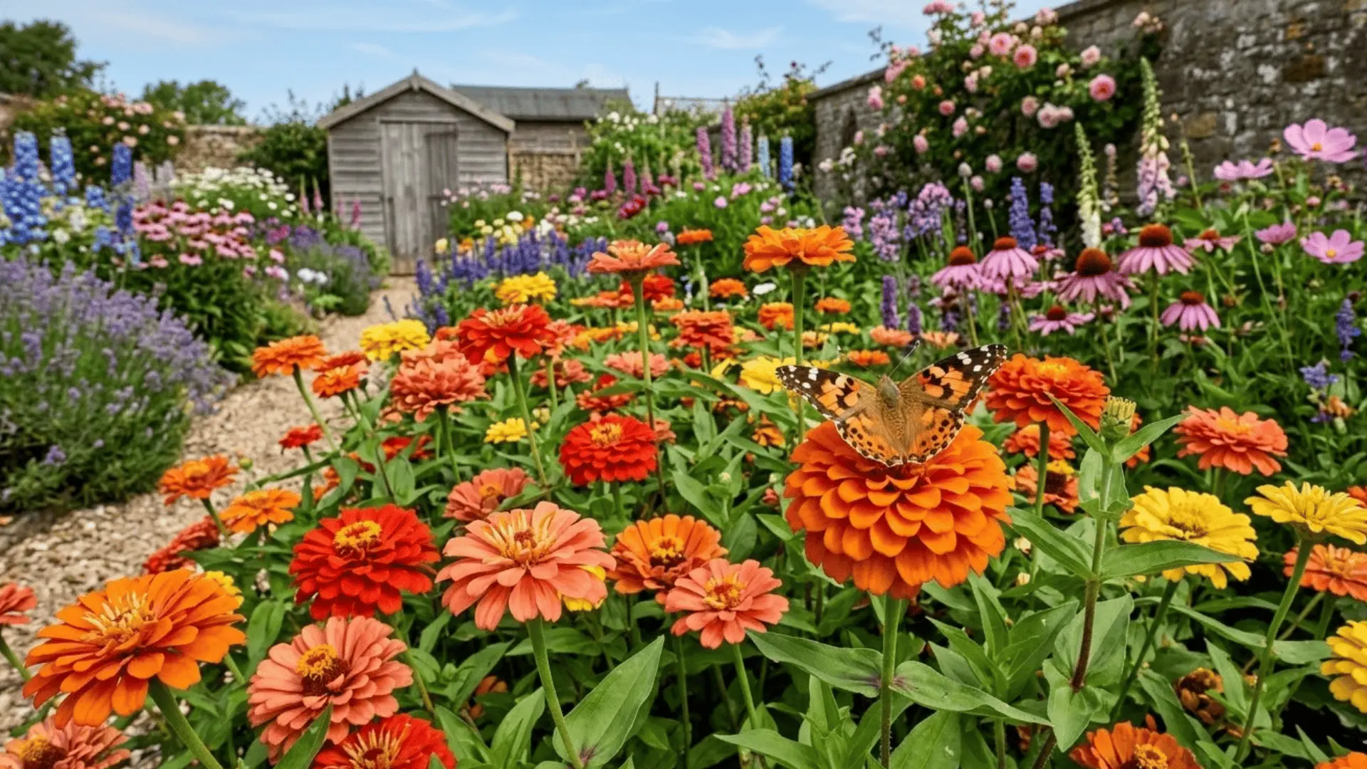 vibrant mixed zinnia bed in orange red and coral with a painted lady butterfly resting on a bloom