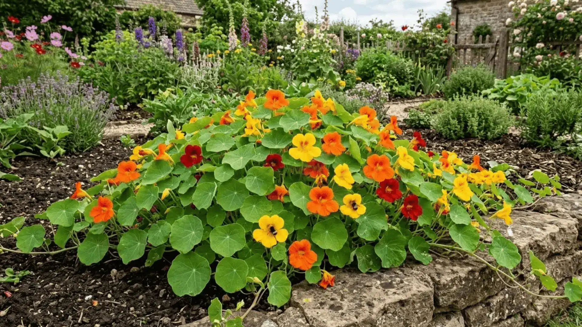 vibrant orange and yellow nasturtium flowers with round green leaves spilling over a stone garden border