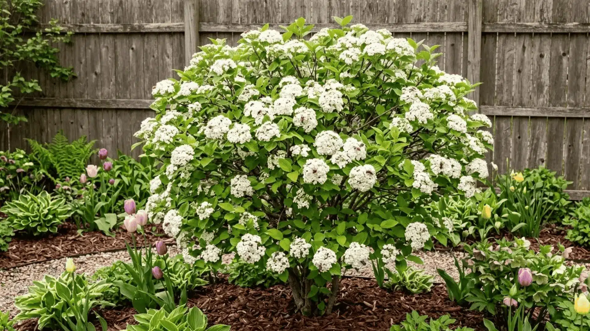 viburnum shrub covered in white spring flower clusters with bees visiting the blooms