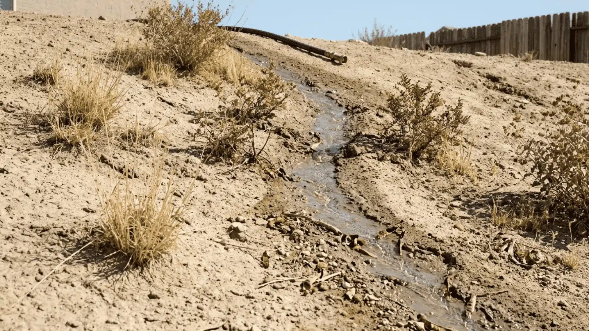 water running off sloped compacted desert yard soil without absorbing into the dry cracked ground surface
