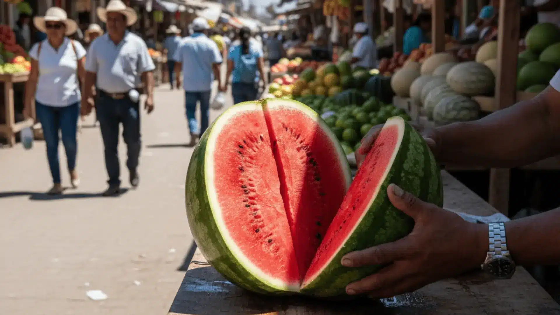 watermelon cracked open at a sonora outdoor market in strong summer sunlight, red flesh visible