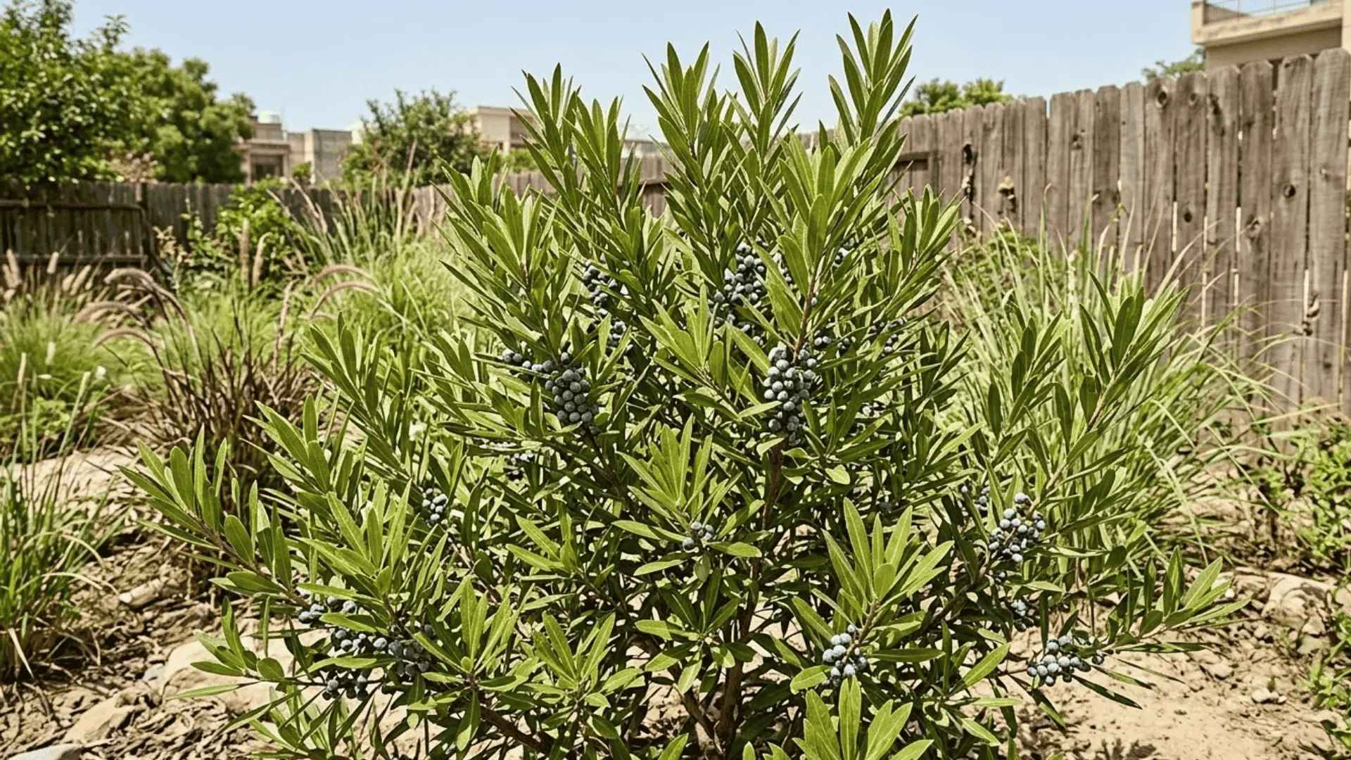 wax myrtle shrub with dense olive green foliage and waxy berries in a warm climate garden