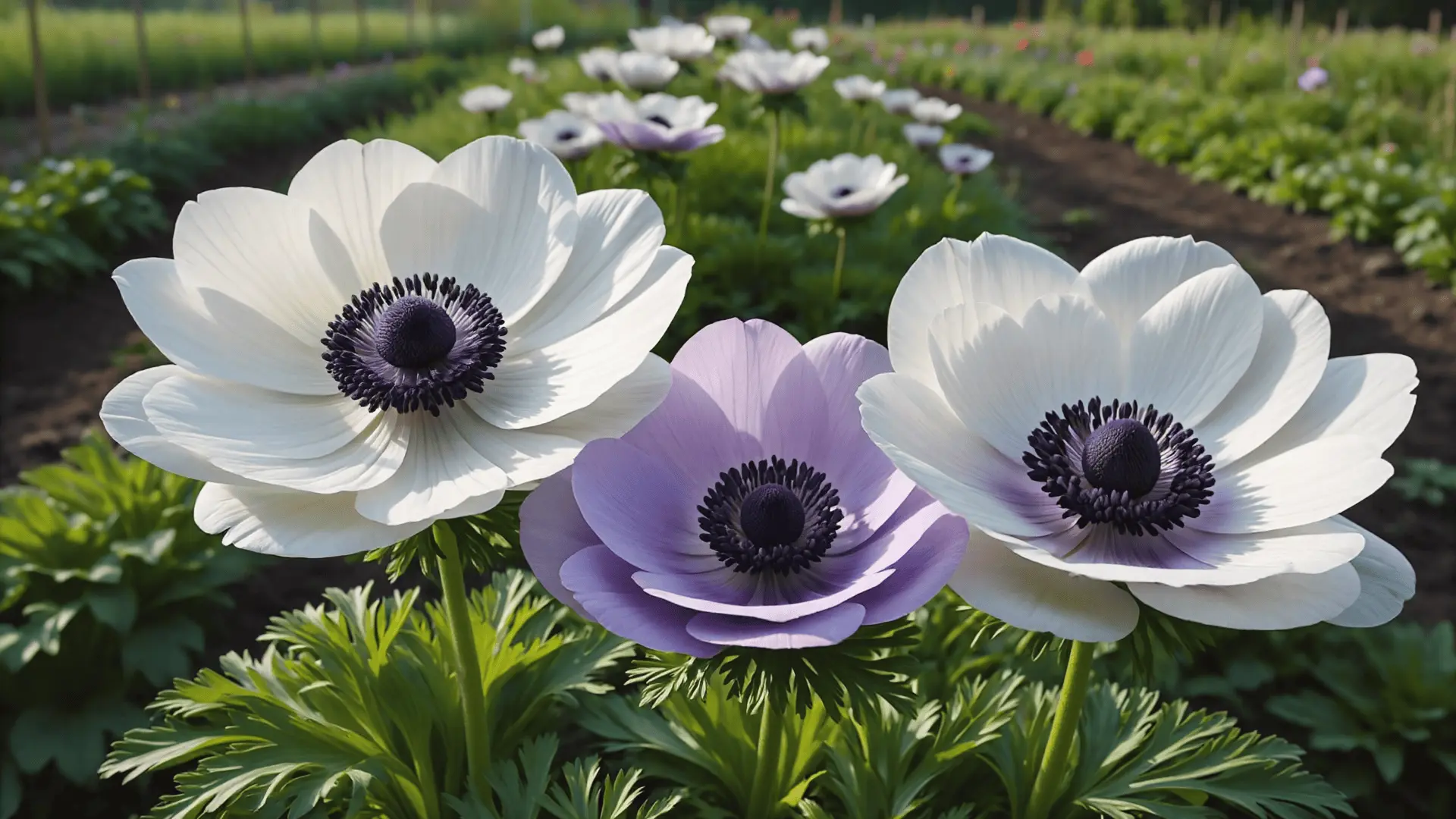 white and lavender anemone flowers with dark contrasting centers growing in a spring cutting garden