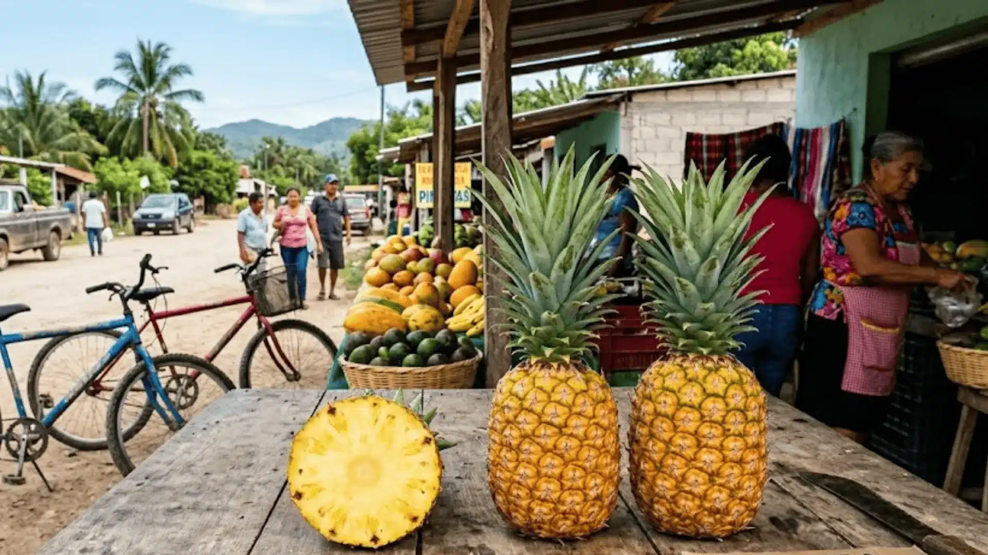 whole and cross-sectioned pineapples on a wooden table at a mexican roadside fruit stand
