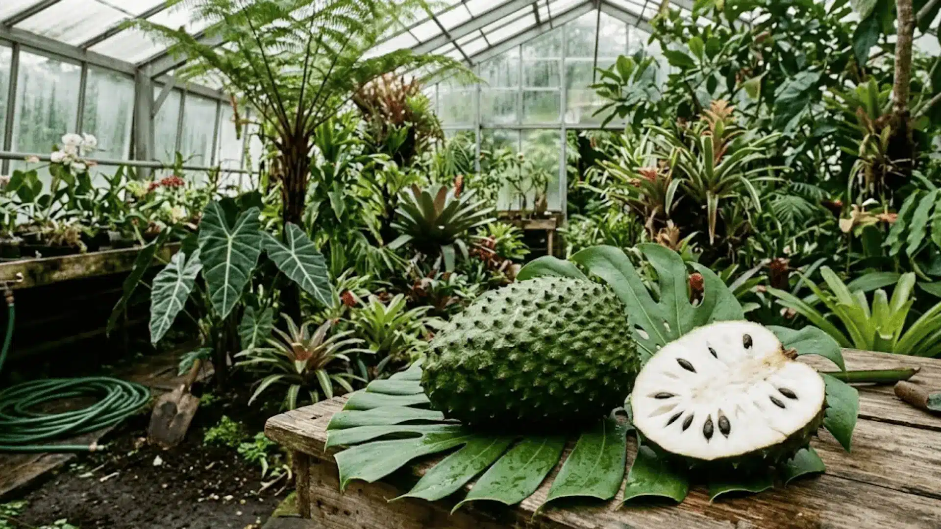 whole and cut soursop fruit on a tropical leaf in a lush veracruz greenhouse setting