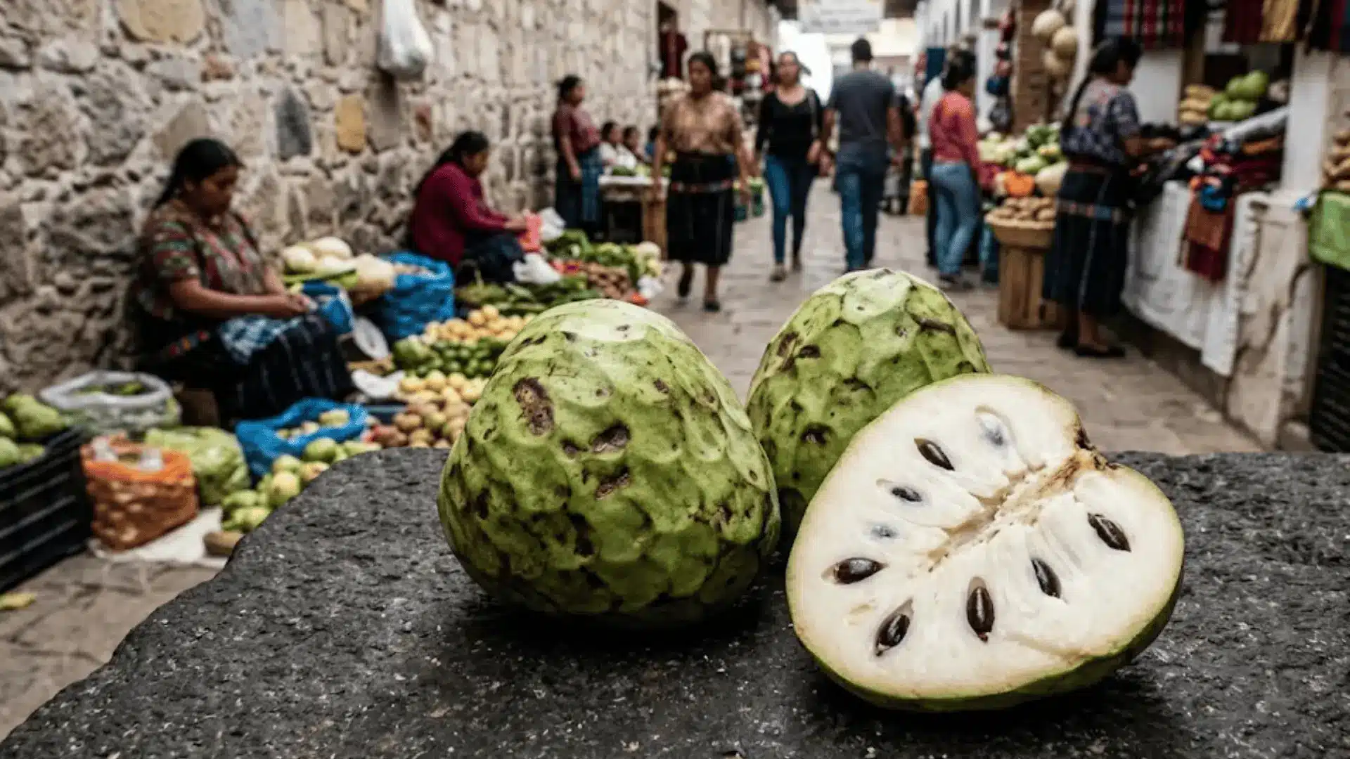 whole and halved cherimoya on a dark stone surface at a chiapas highland market