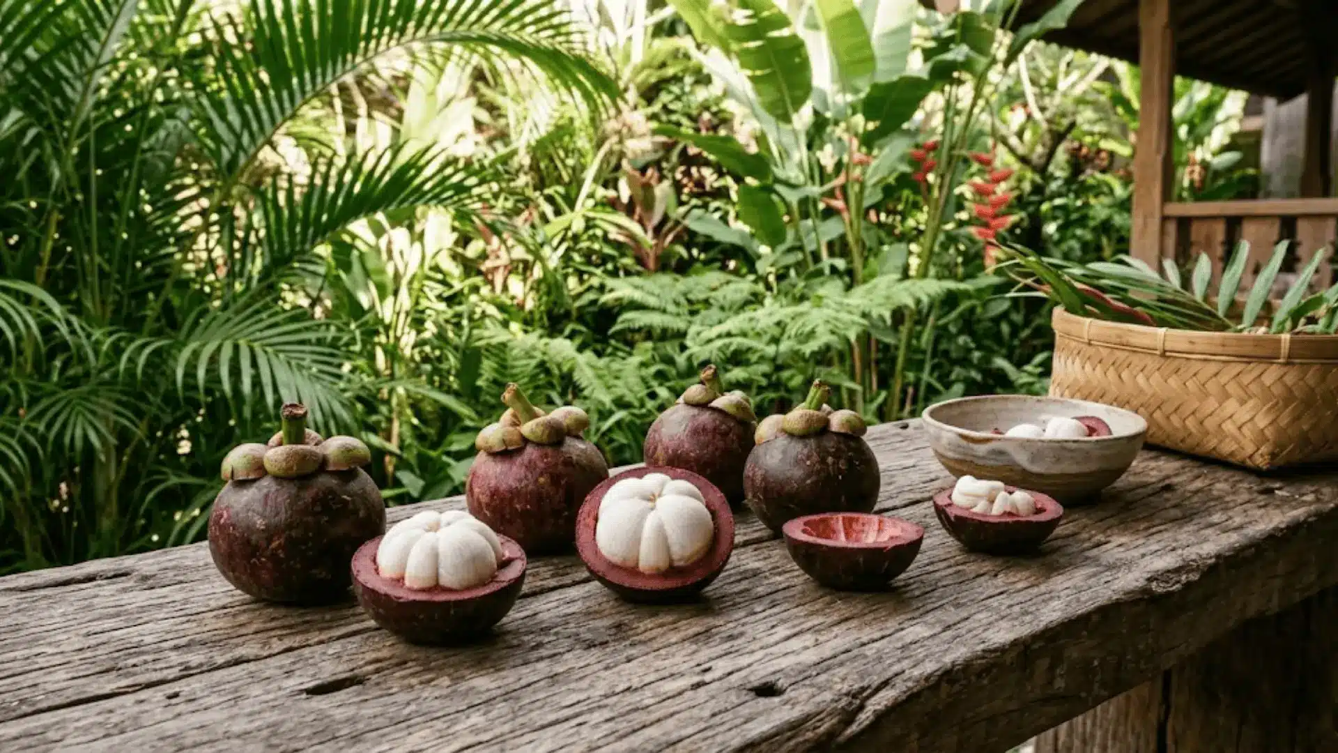 whole and halved mangosteen fruits on weathered wood in natural tropical light