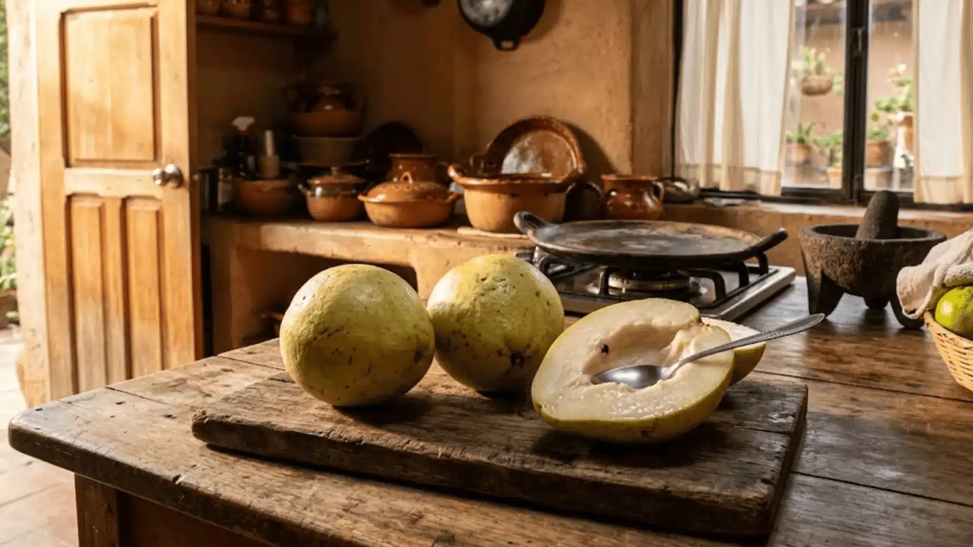 whole and halved zapote blanco showing creamy white flesh on a board in a michoacán kitchen