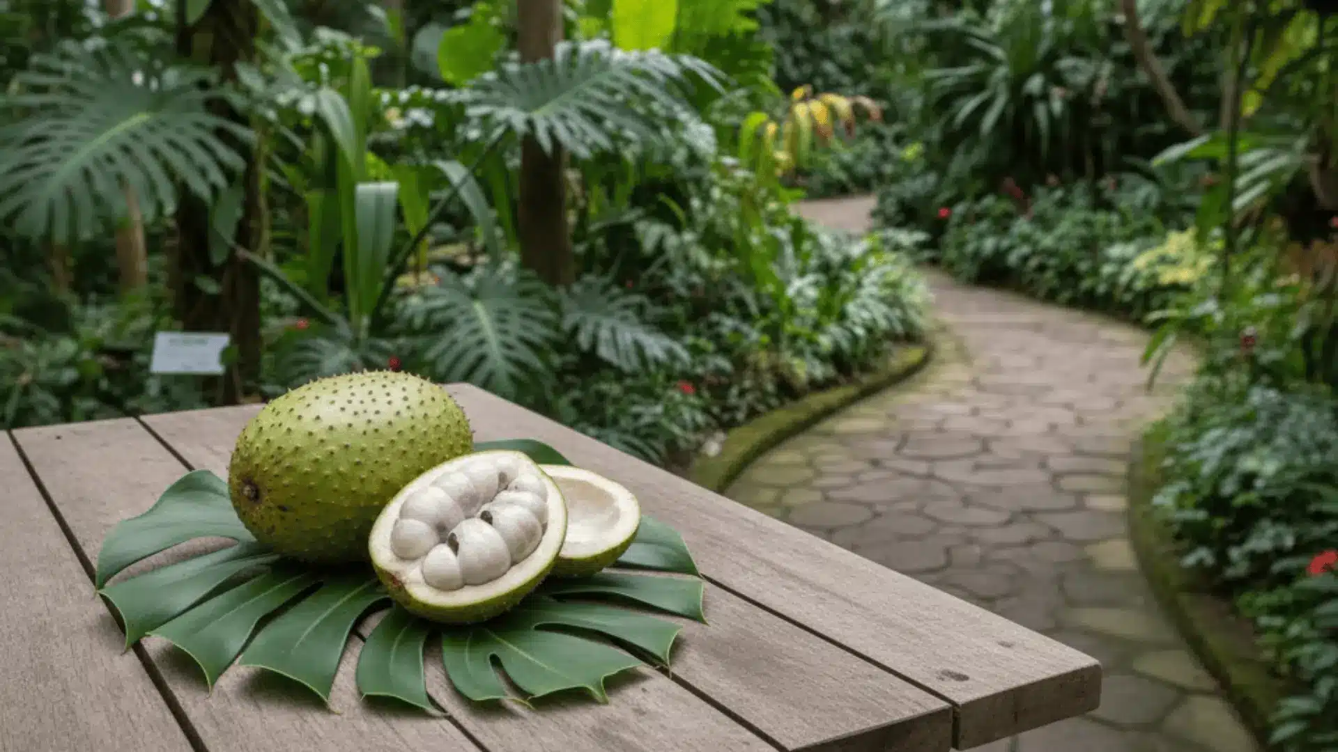 whole and opened marang fruit on a monstera leaf in a tropical mexican botanical garden