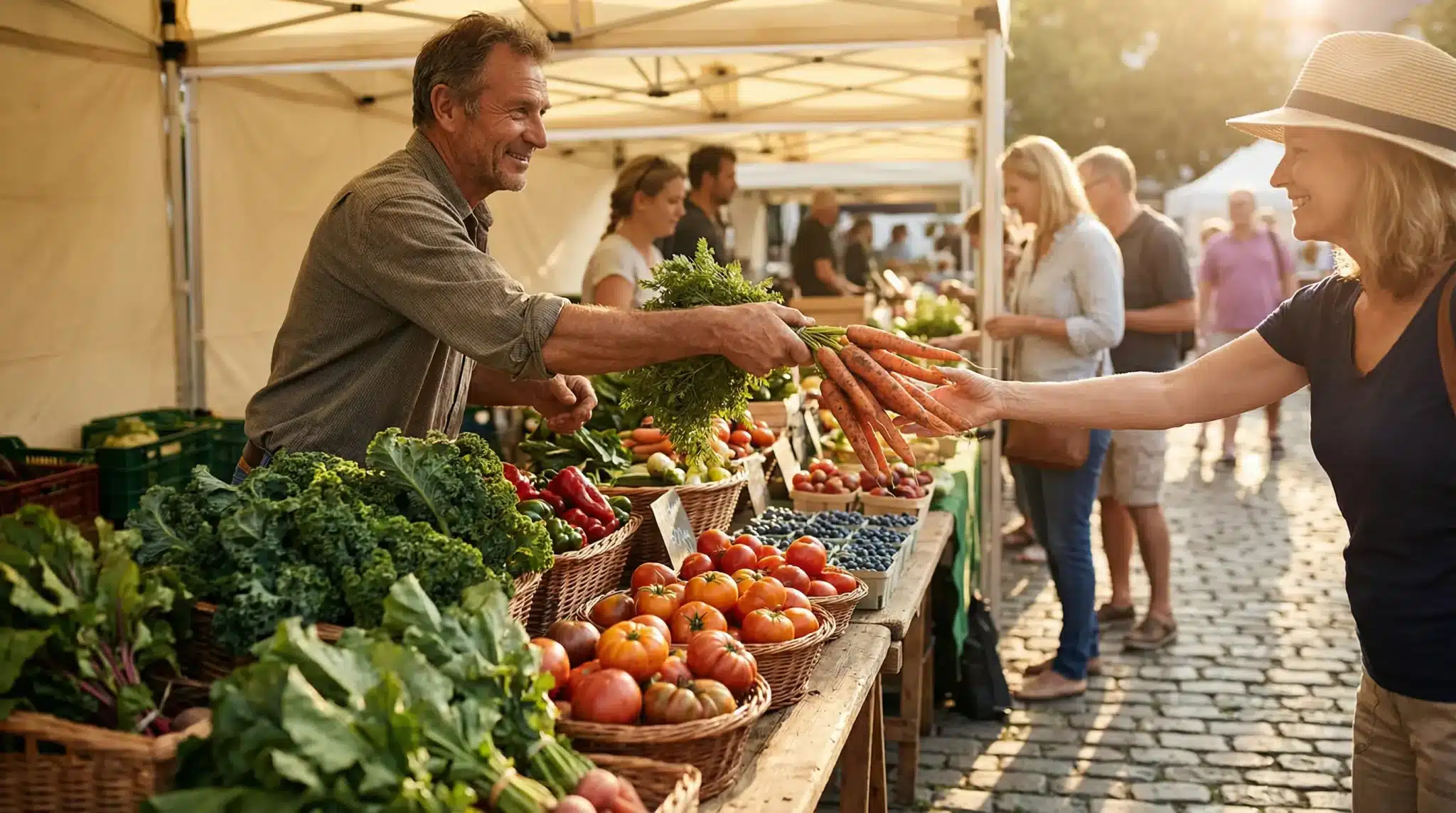 Vendor handing fresh carrots to customer at outdoor farmers market with baskets of produce
