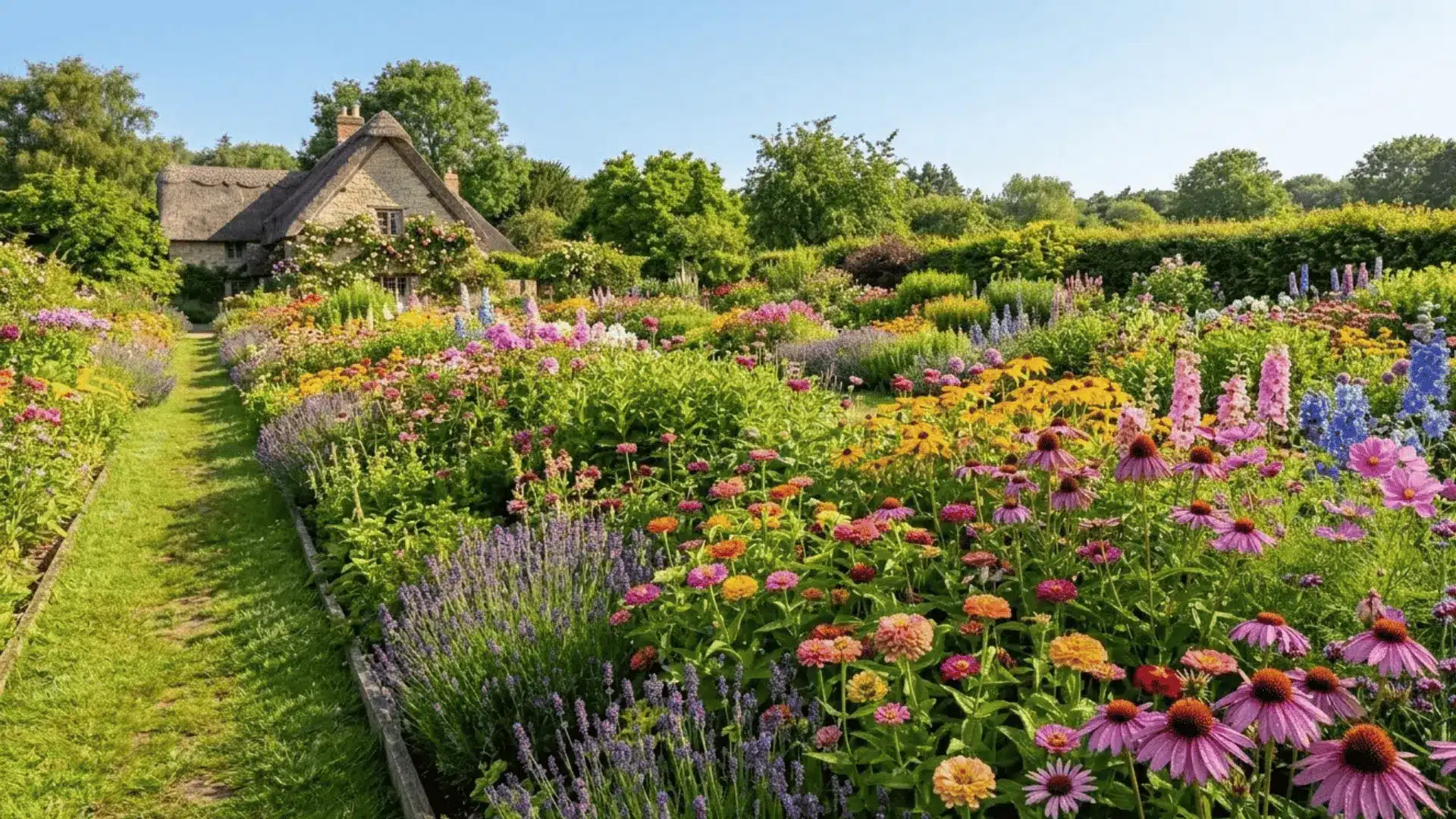 wide sun-drenched cottage garden bed with layered colorful blooms in warm golden afternoon light