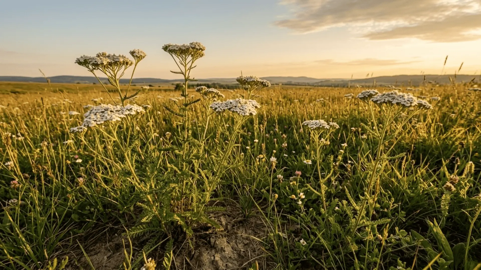 wild yarrow plants with white flower clusters growing in a sunlit meadow at golden hour