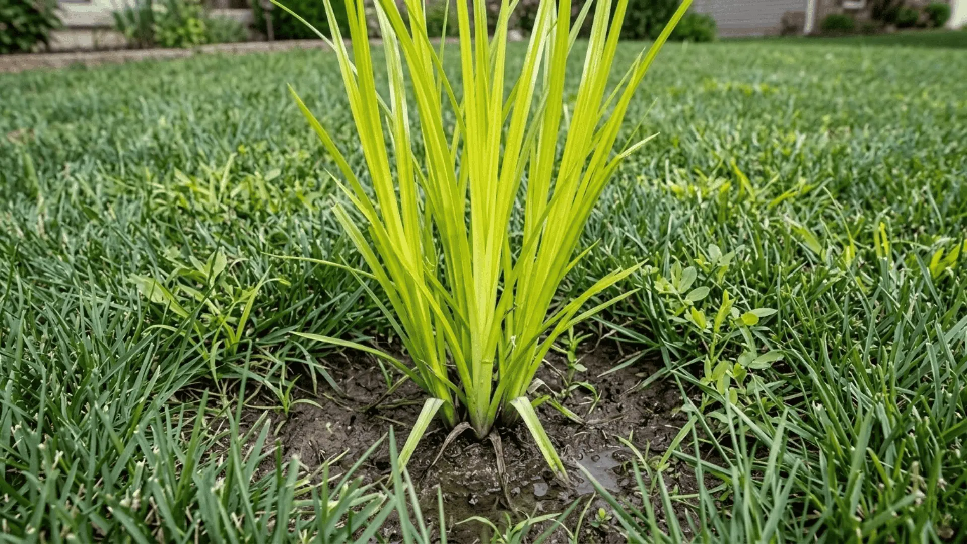 yellow nutsedge with glossy upright blades rising above surrounding turfgrass in a moist lawn