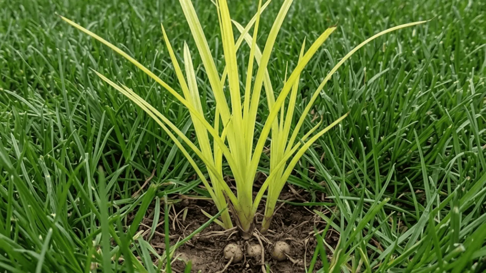 yellow nutsedge with light green blades growing taller than turfgrass in a cool-season northern lawn