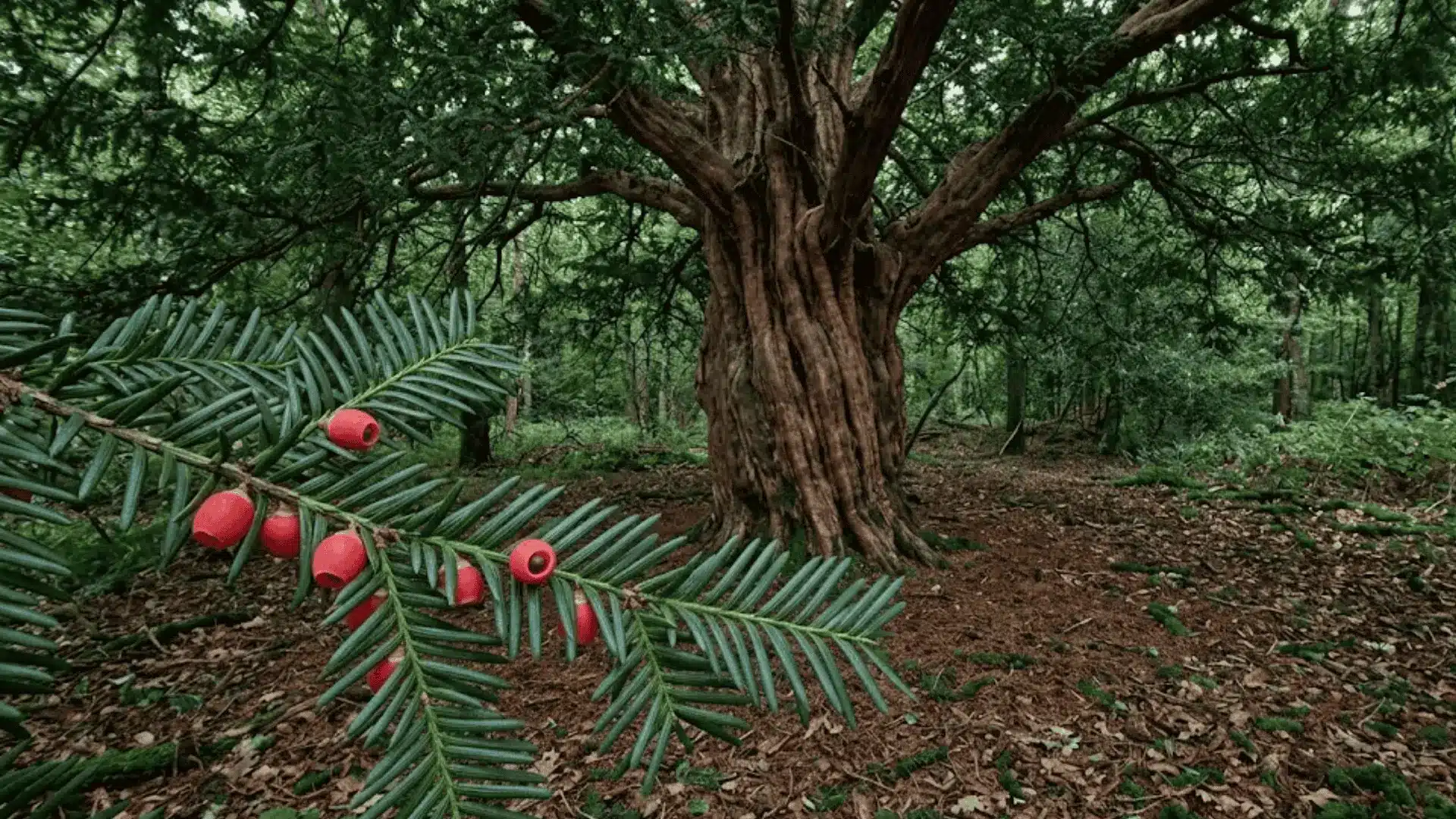 yew tree branch with dark flat needles and bright red arils in deep woodland shade, full sharp detail