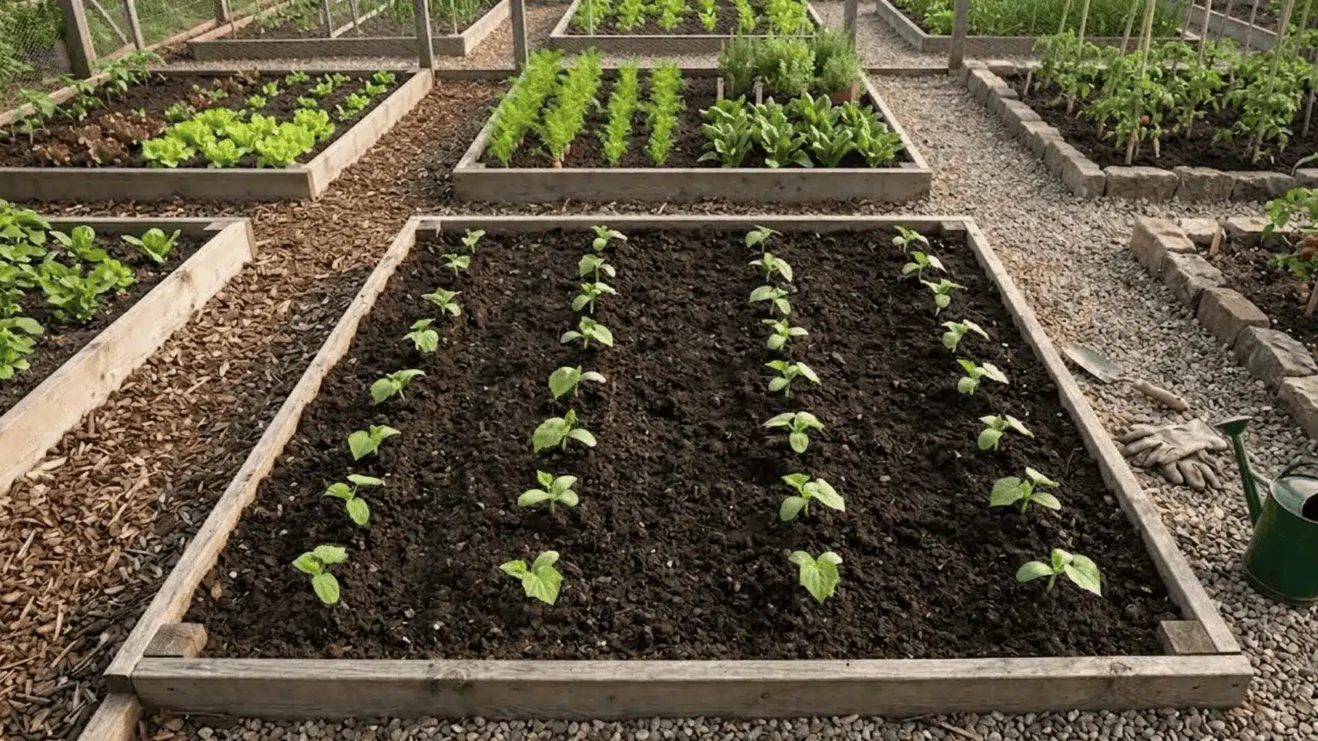 young cucumber seedlings planted in evenly spaced rows in a garden bed with a measuring stick alongside