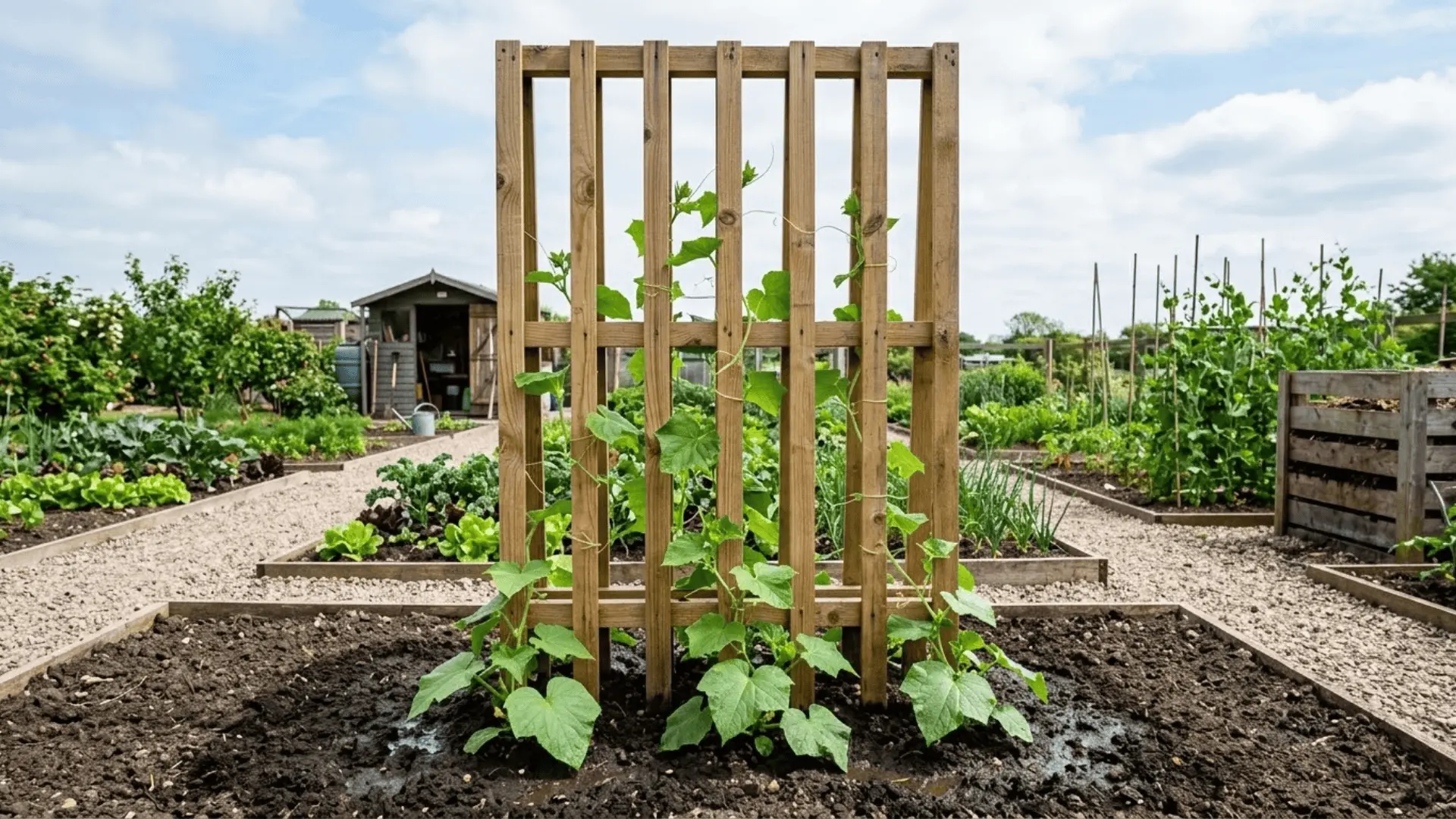 young cucumber vines climbing a wooden trellis in a garden bed with a full kitchen garden in the background