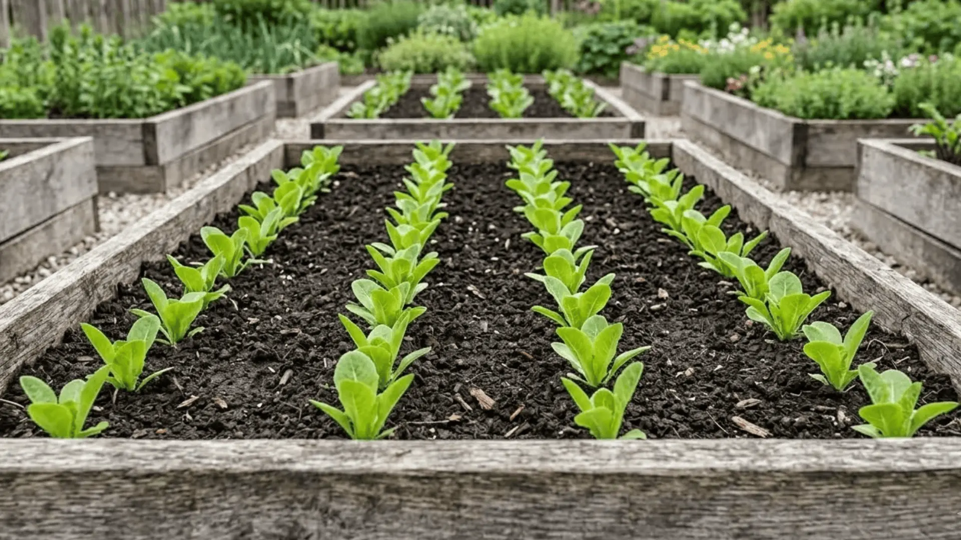 young lettuce seedlings growing in evenly spaced rows inside a rustic raised garden bed in morning light