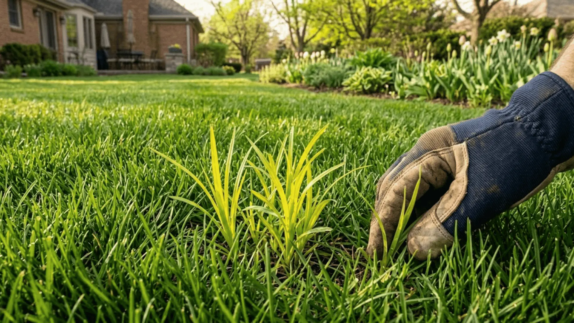 young nutsedge shoots emerging through a green lawn in late spring during the ideal early treatment window